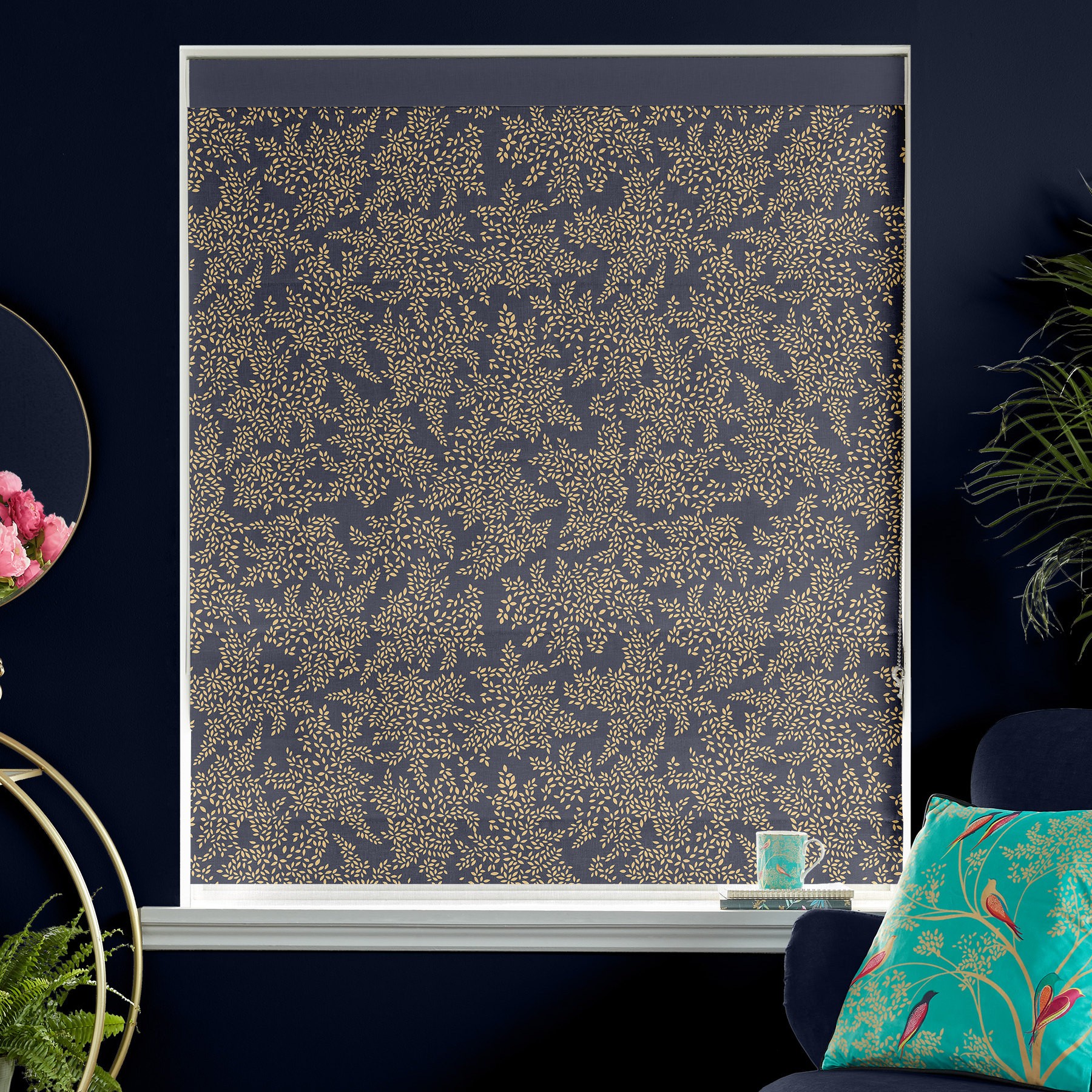 Sara Miller Little Leaves Smokey Blue Roman Blind
