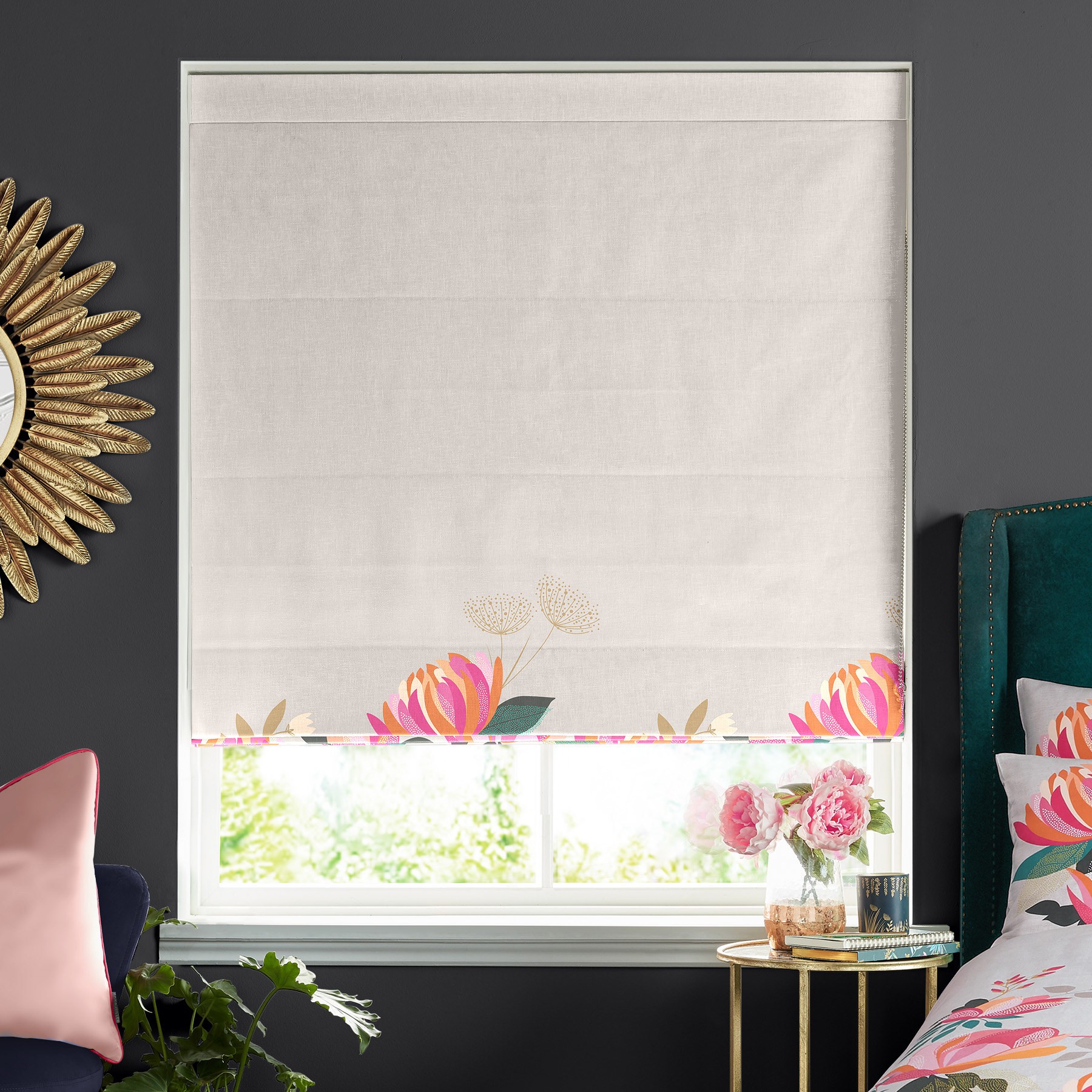 Sara Miller Peony Border Pale Grey Roman Blind