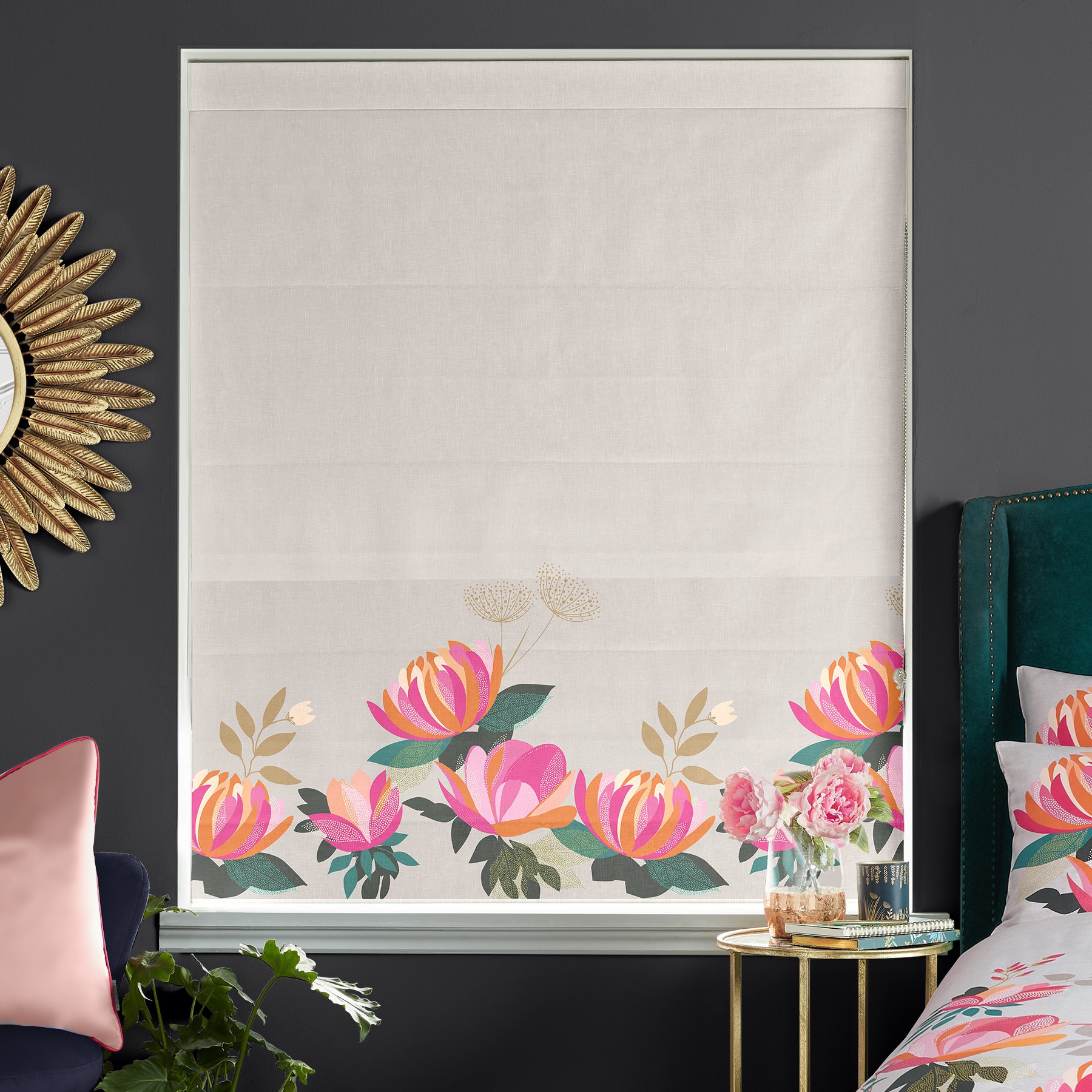 Sara Miller Peony Border Pale Grey Roman Blind