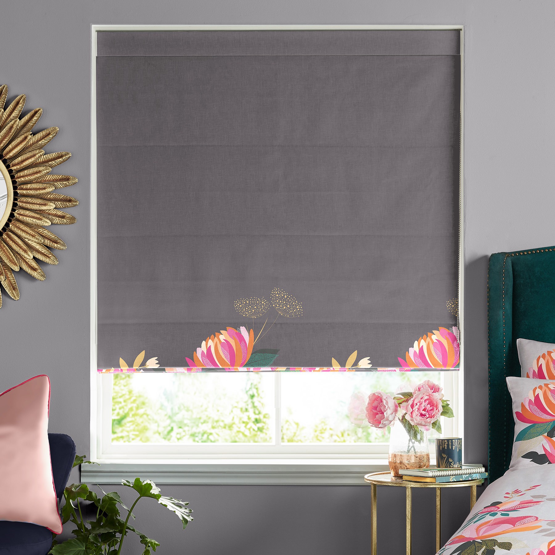 Sara Miller Peony Border Dark Grey Roman Blind