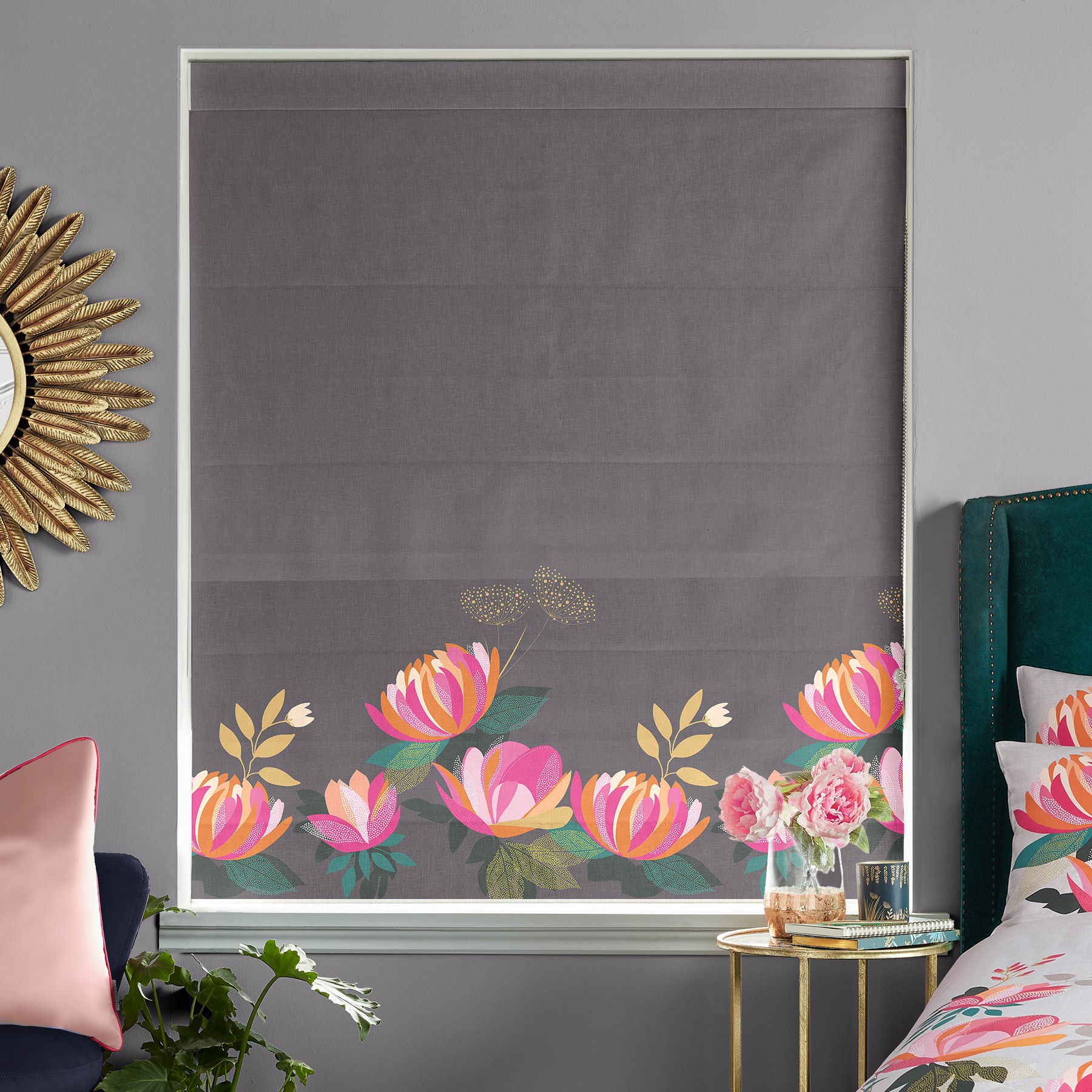 Sara Miller Peony Border Dark Grey Roman Blind