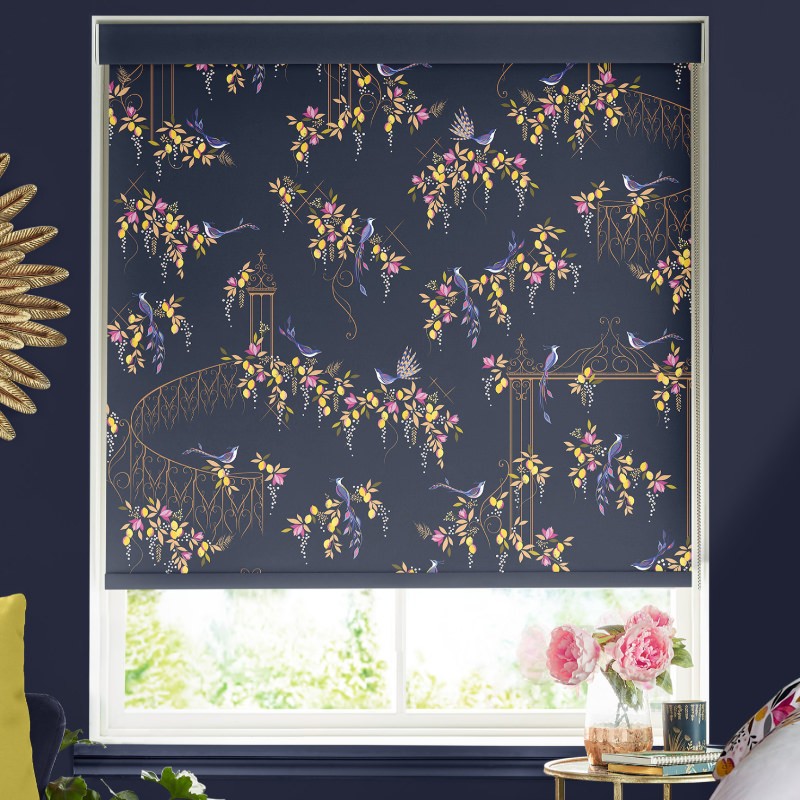 Sara Miller Birds & Gate Deep Navy Dimout Roller Blind