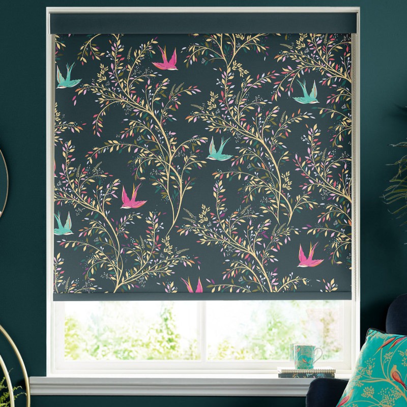 Sara Miller Swallows Forest Green Dimout Roller Blind