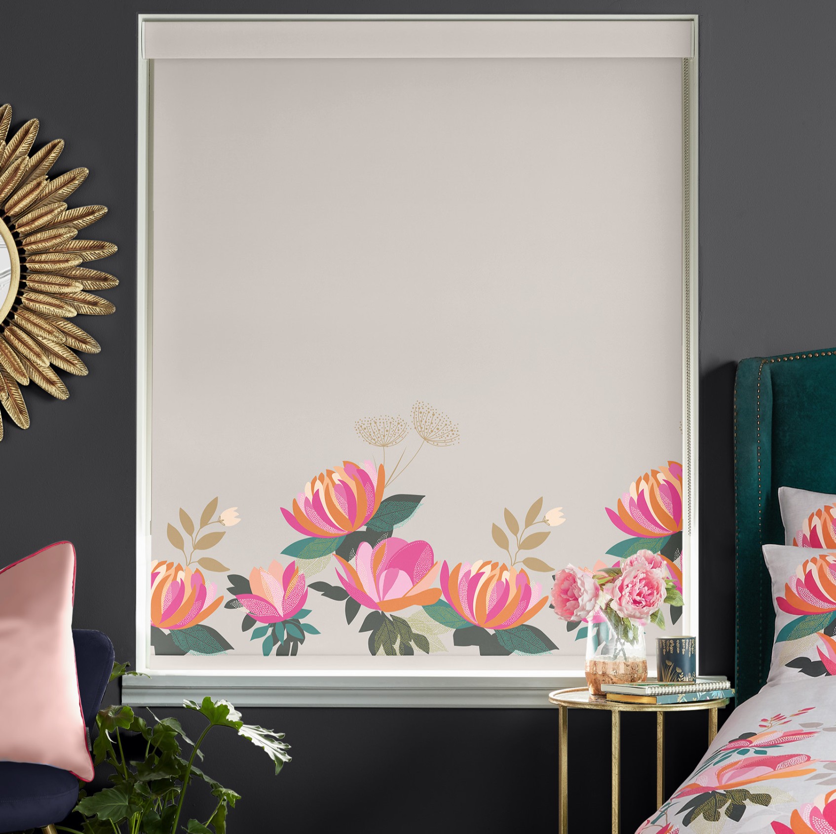 Sara Miller Peony Border Pale Grey Dimout Roller Blind