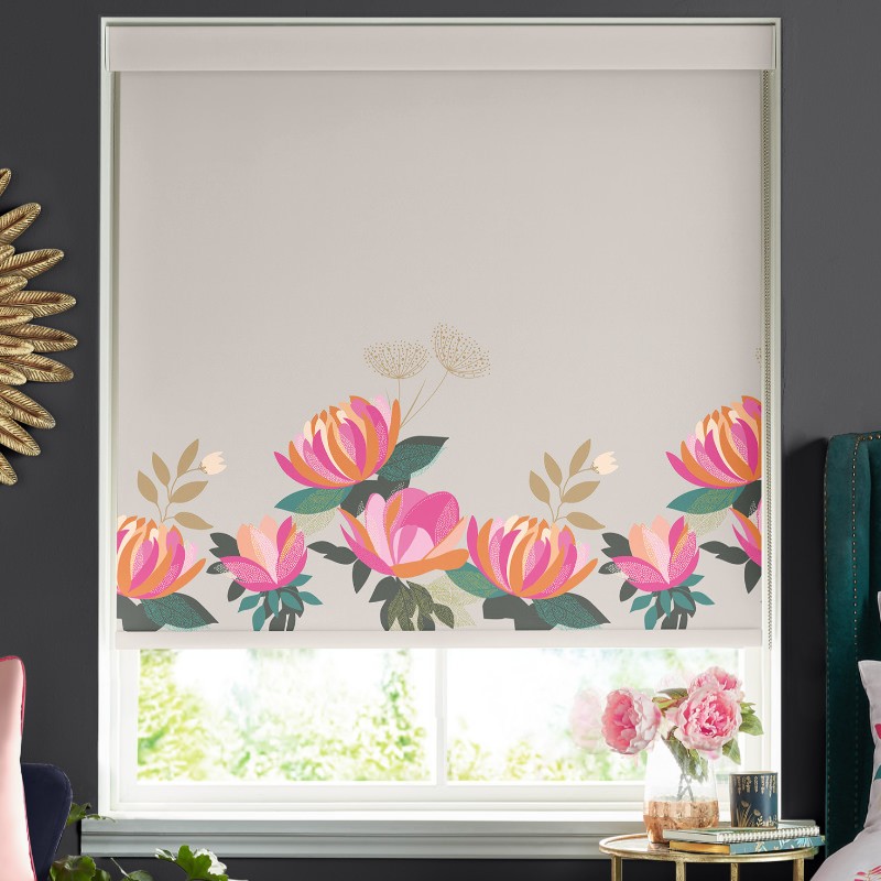Sara Miller Peony Border Pale Grey Blackout Roller Blind