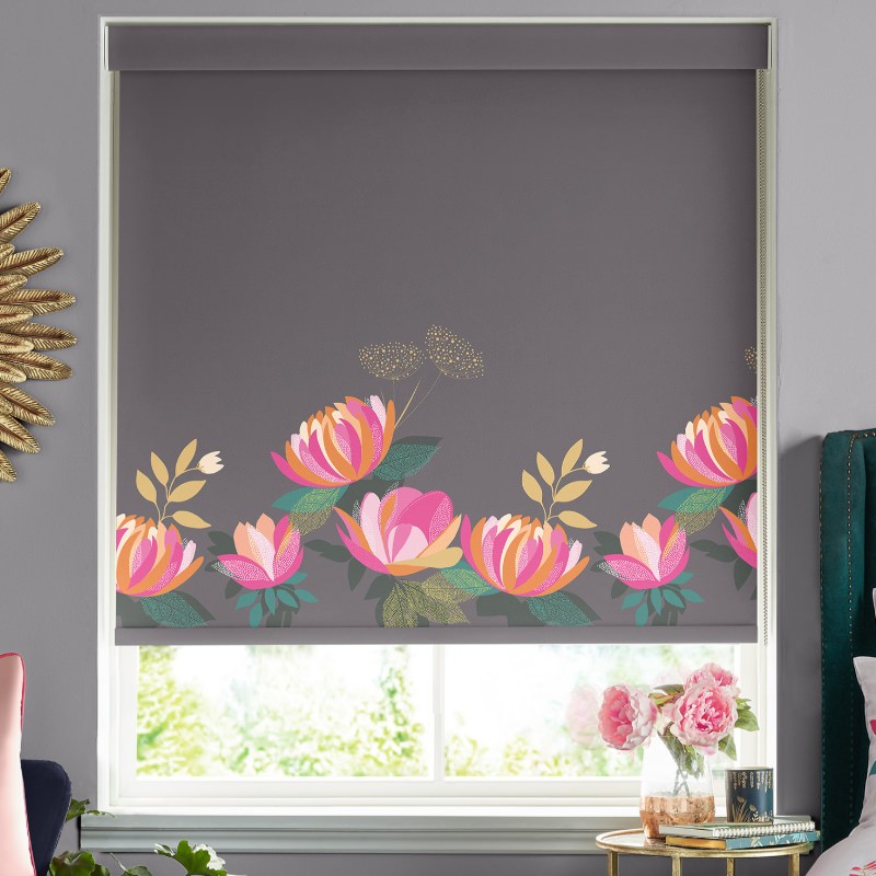 Sara Miller Peony Border Dark Grey Blackout Roller Blind