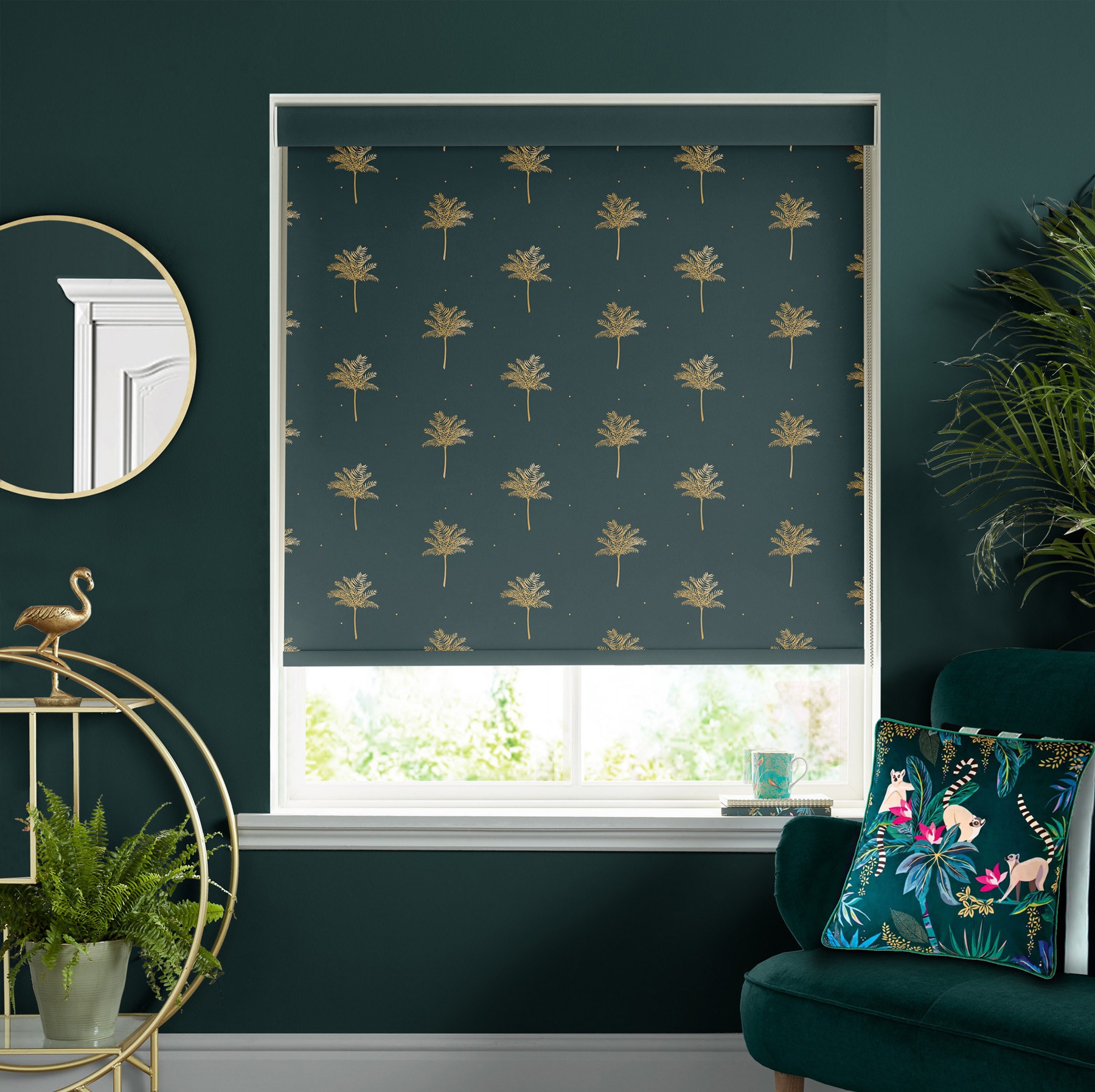 Sara Miller Small Palm Tree Forest Green Dimout Roller Blind