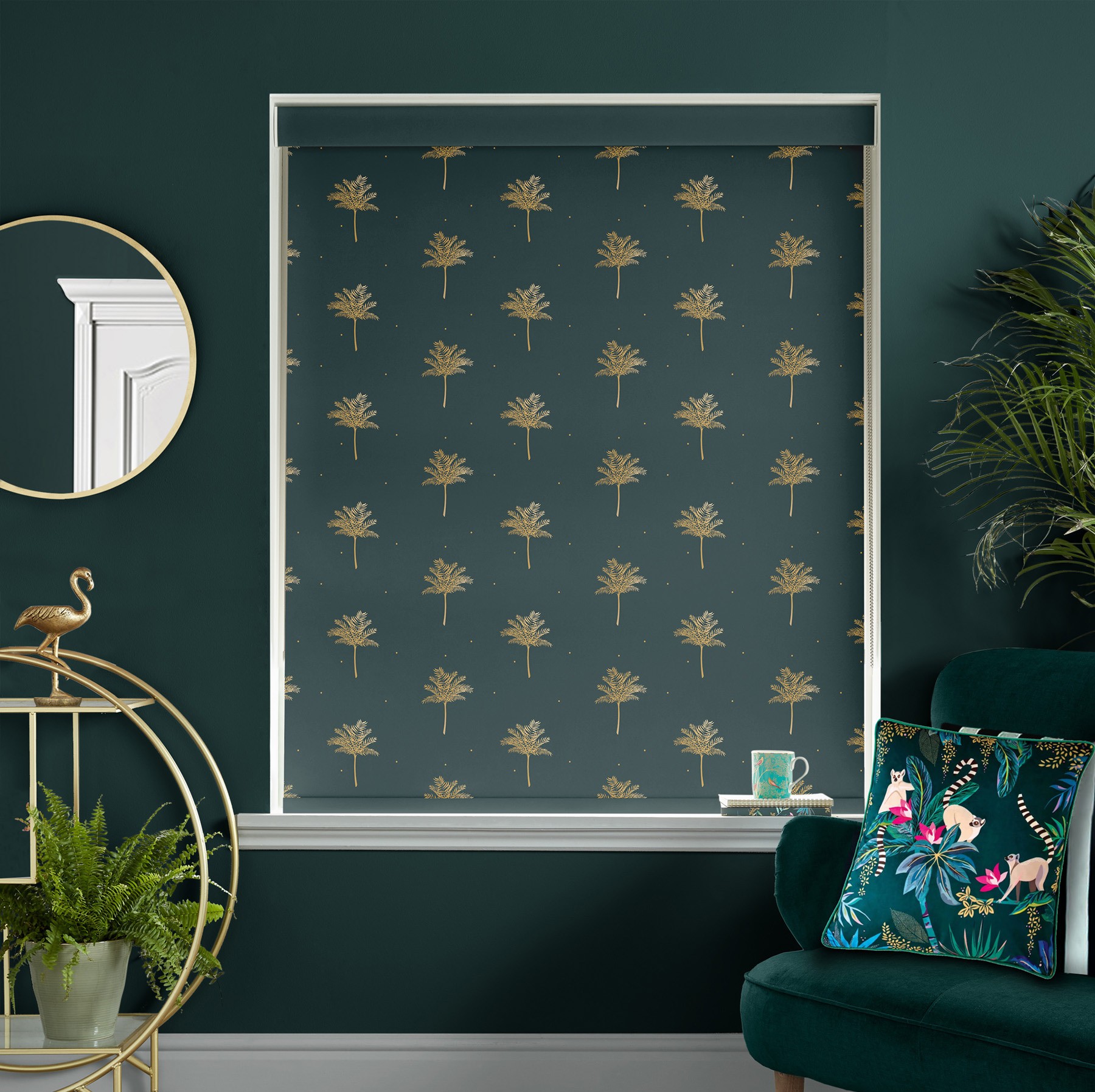 Sara Miller Small Palm Tree Forest Green Dimout Roller Blind