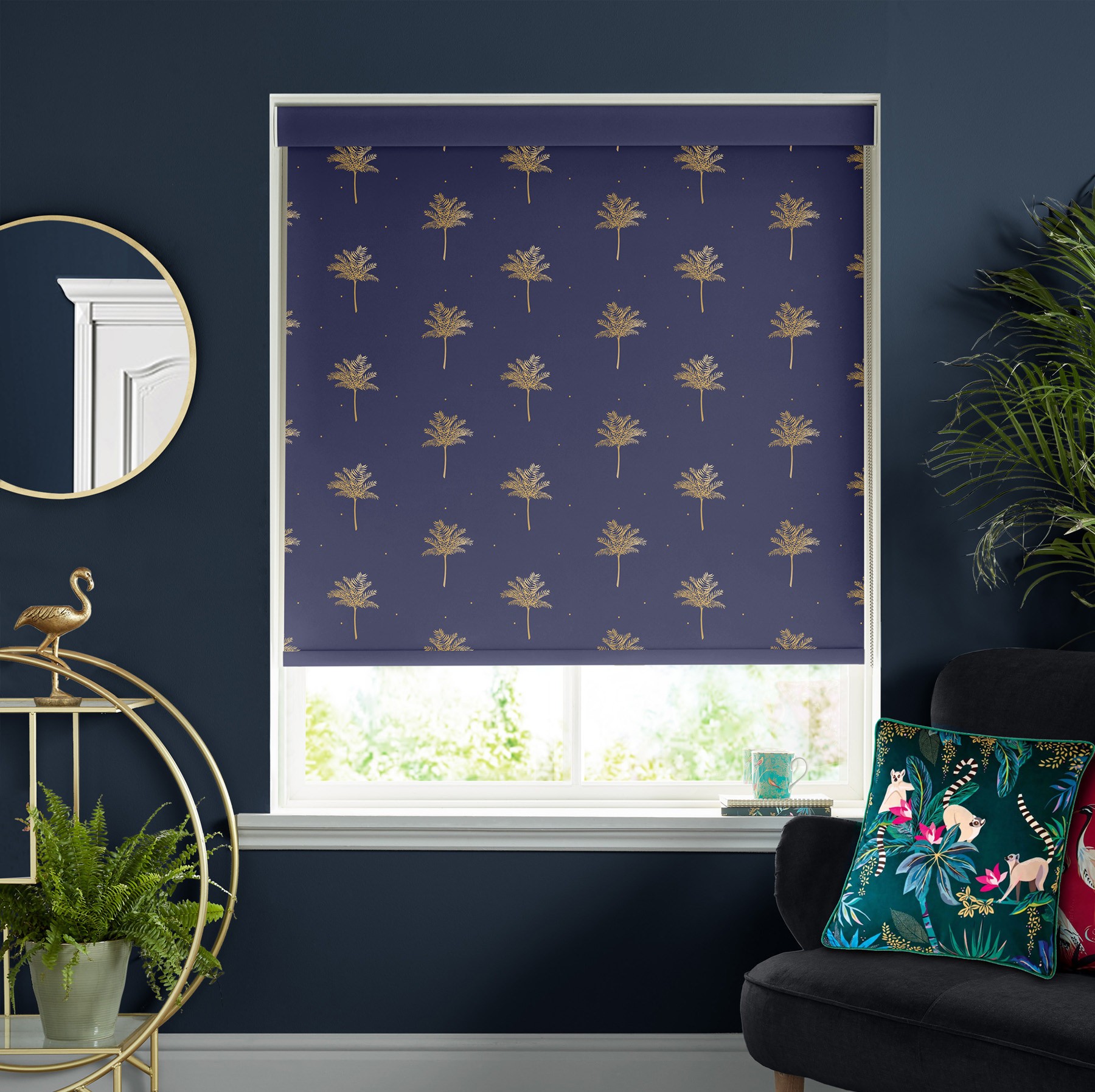 Sara Miller Small Palm Tree Navy Blackout Roller Blind