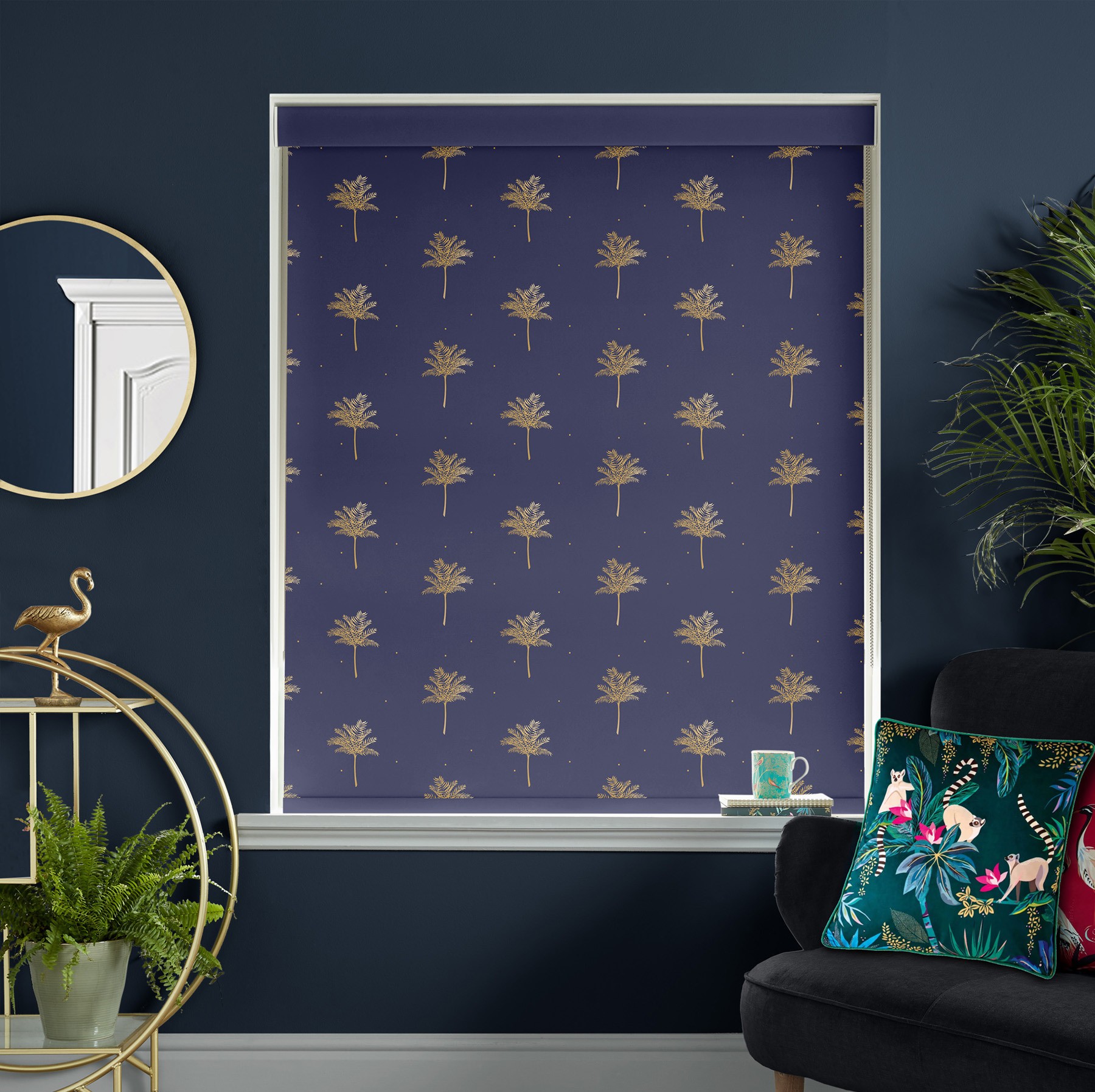 Sara Miller Small Palm Tree Navy Blackout Roller Blind