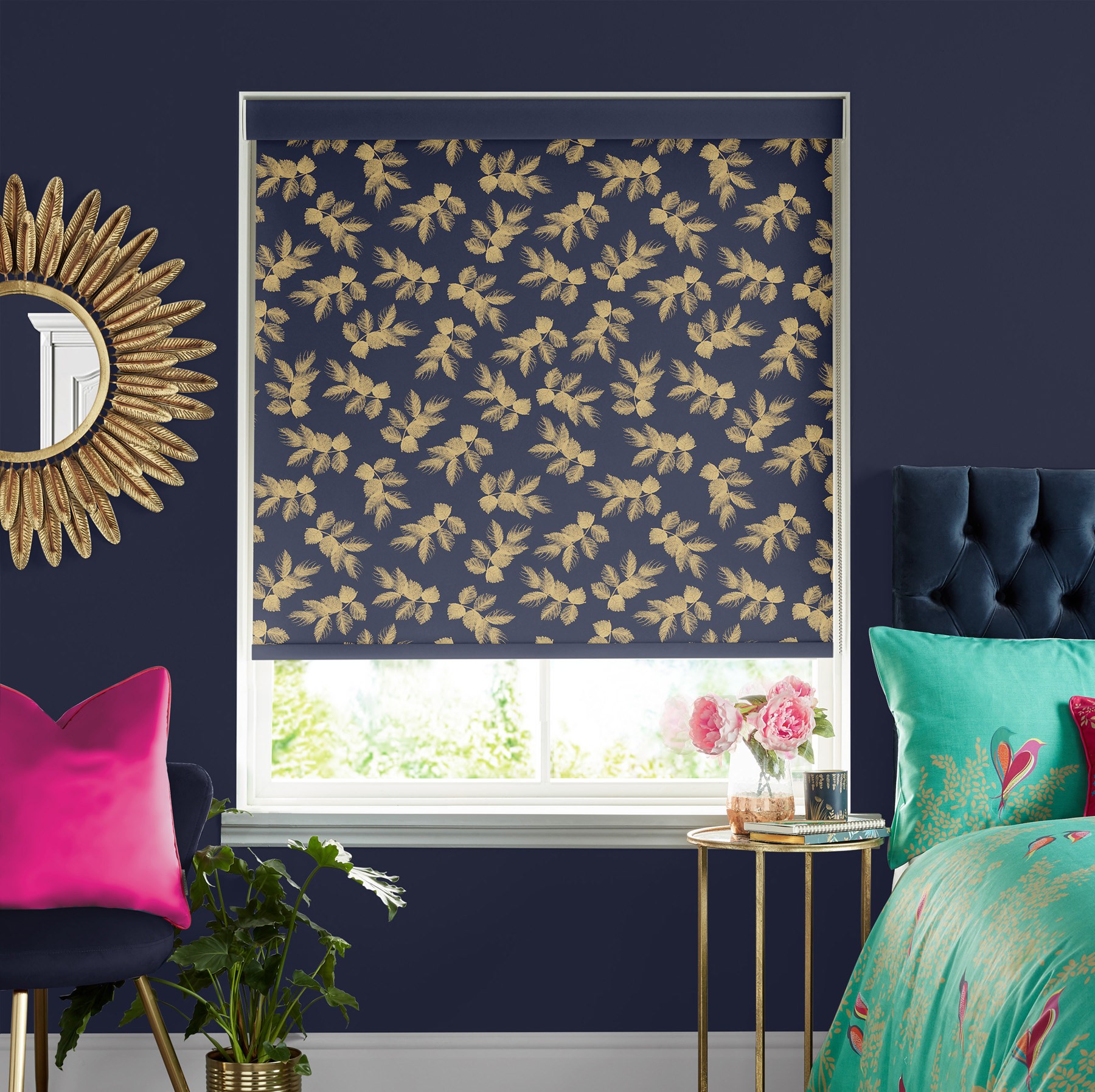 Sara Miller Etched Leaves Deep Navy Dimout Roller Blind
