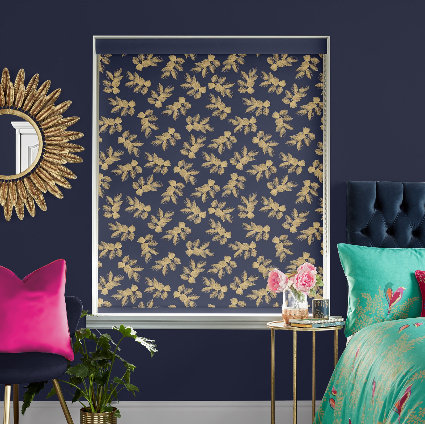 Sara Miller Etched Leaves Deep Navy Dimout Roller Blind