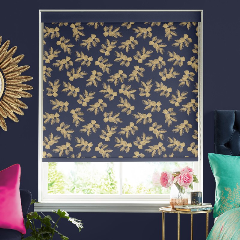 Sara Miller Etched Leaves Deep Navy Dimout Roller Blind