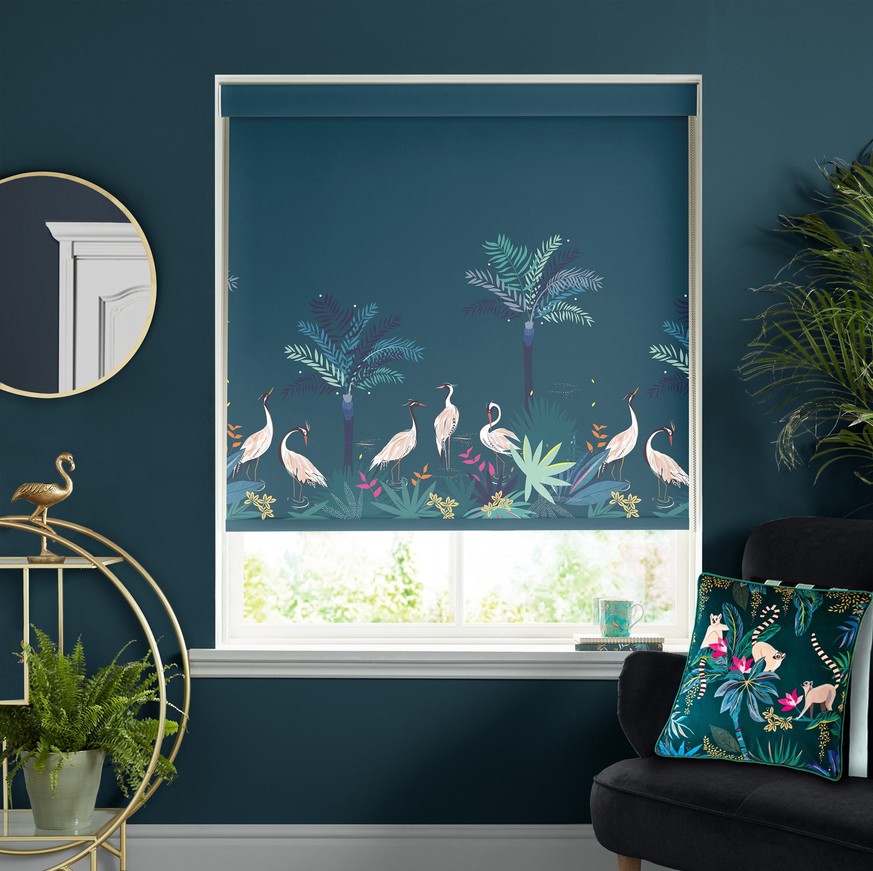 Sara Miller Heron Border Teal Dimout Roller Blind