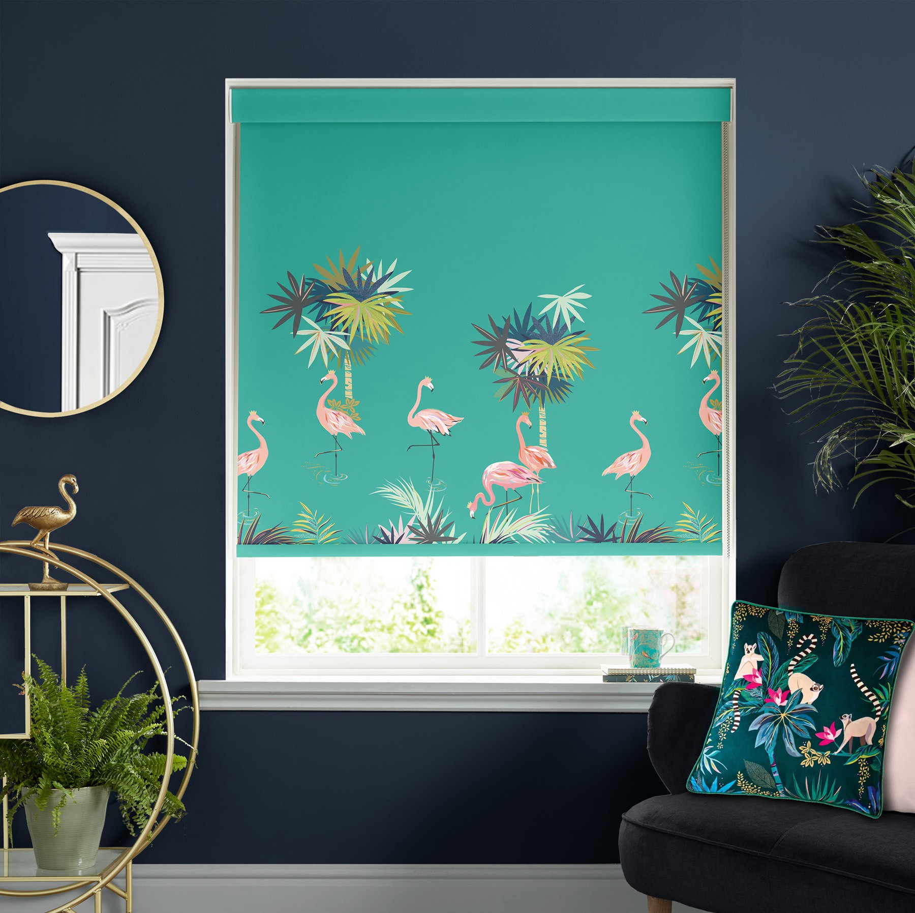 Sara Miller Flamingo Border Green Blackout Roller Blind