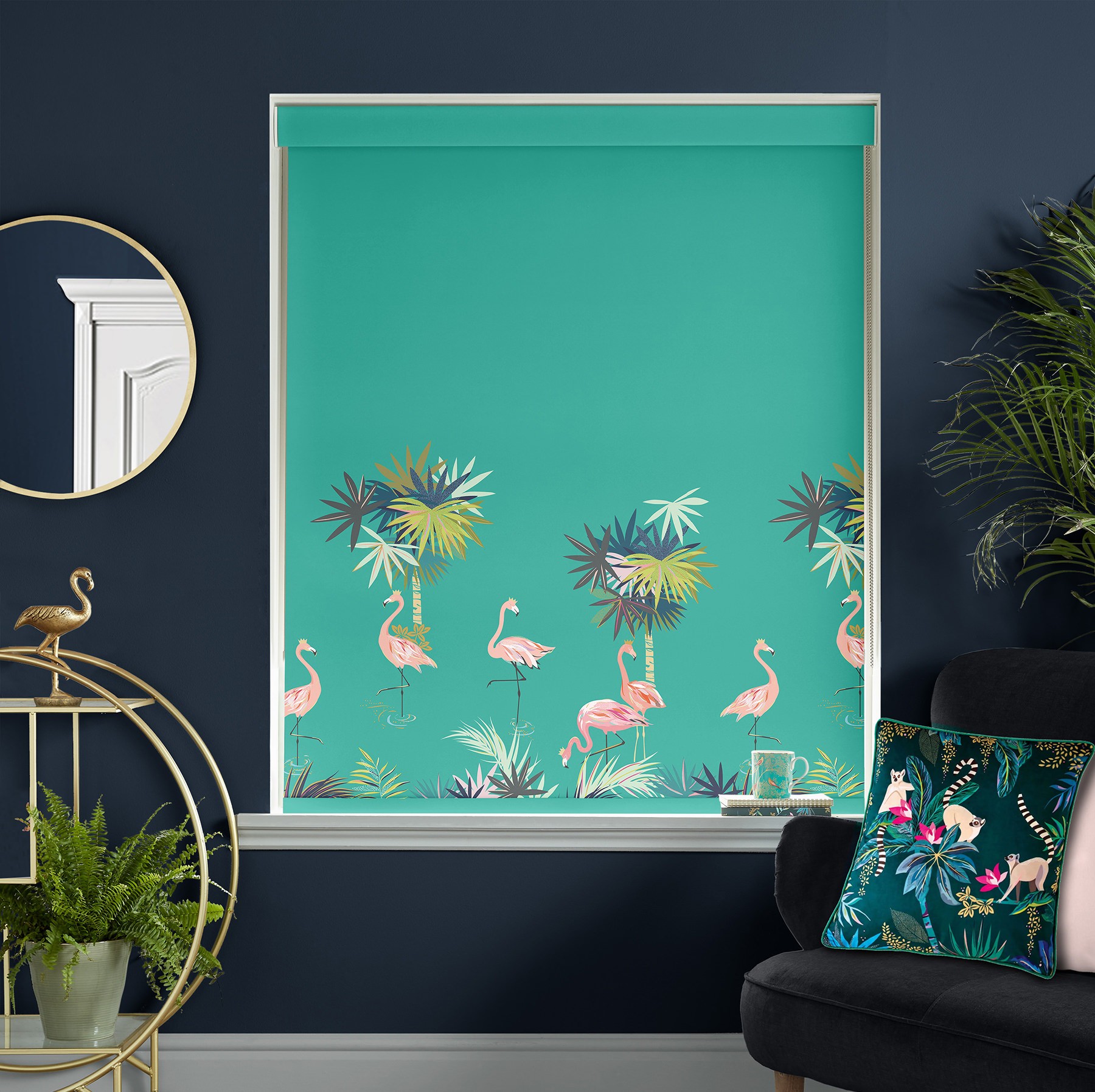 Sara Miller Flamingo Border Green Blackout Roller Blind