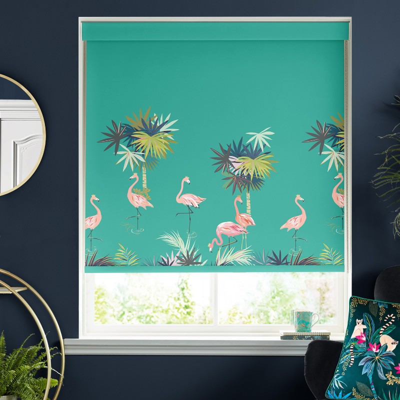 Sara Miller Flamingo Border Green Dimout Roller Blind
