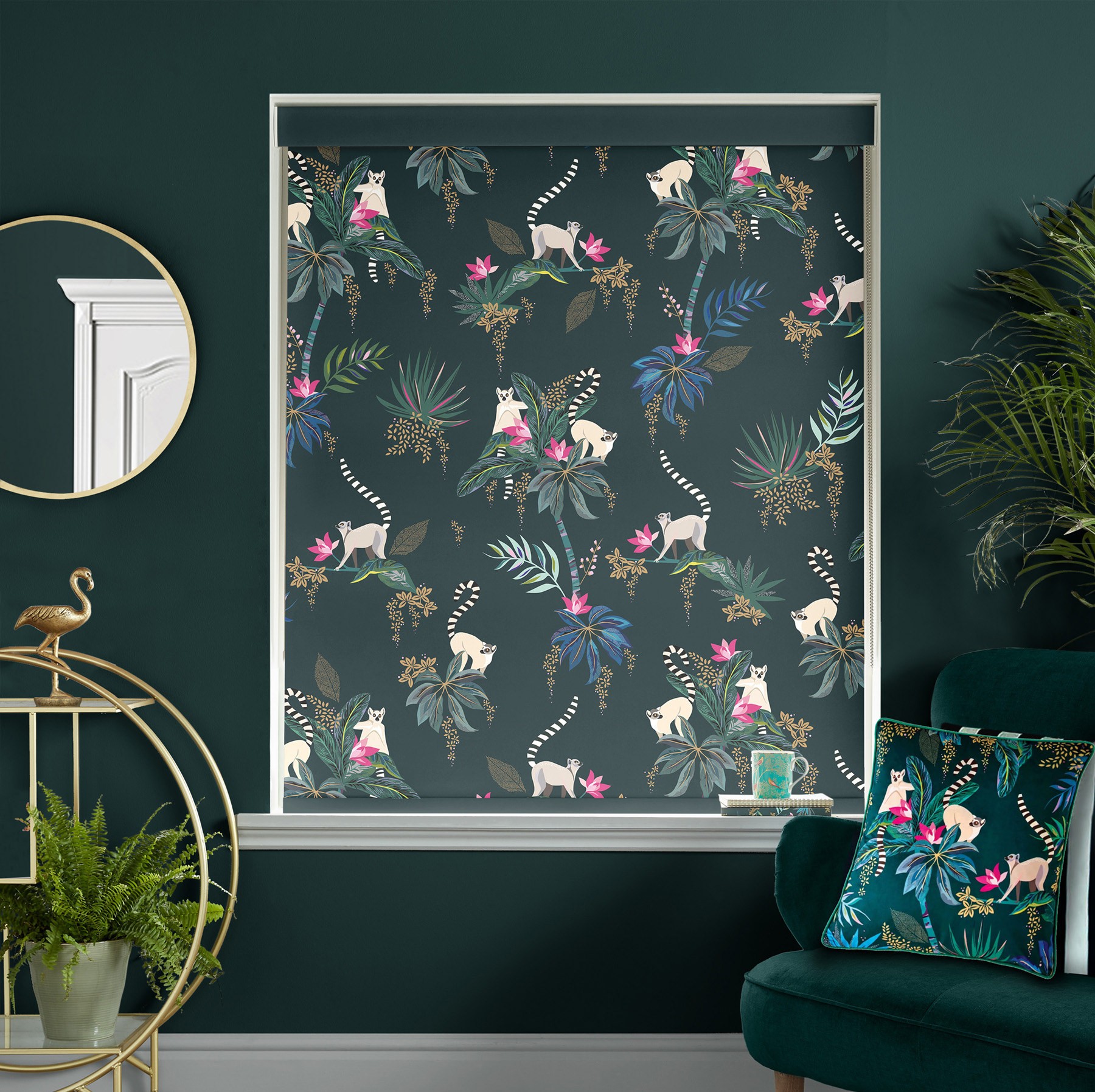 Sara Miller Lemur Forest Green Dimout Roller Blind