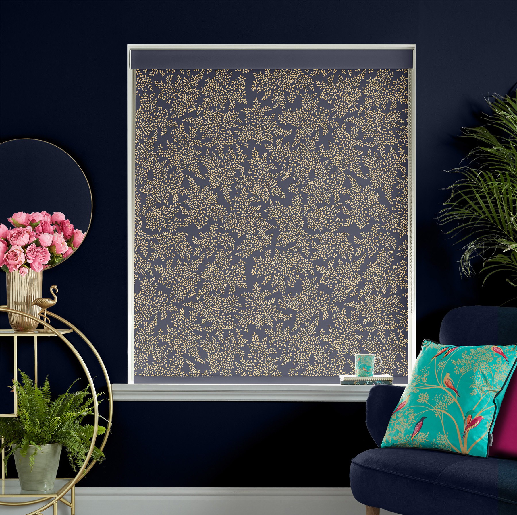 Sara Miller Little Leaves Smokey Blue Blackout Roller Blind