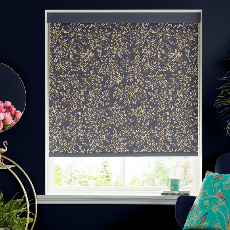Sara Miller Little Leaves Smokey Blue Dimout Roller Blind