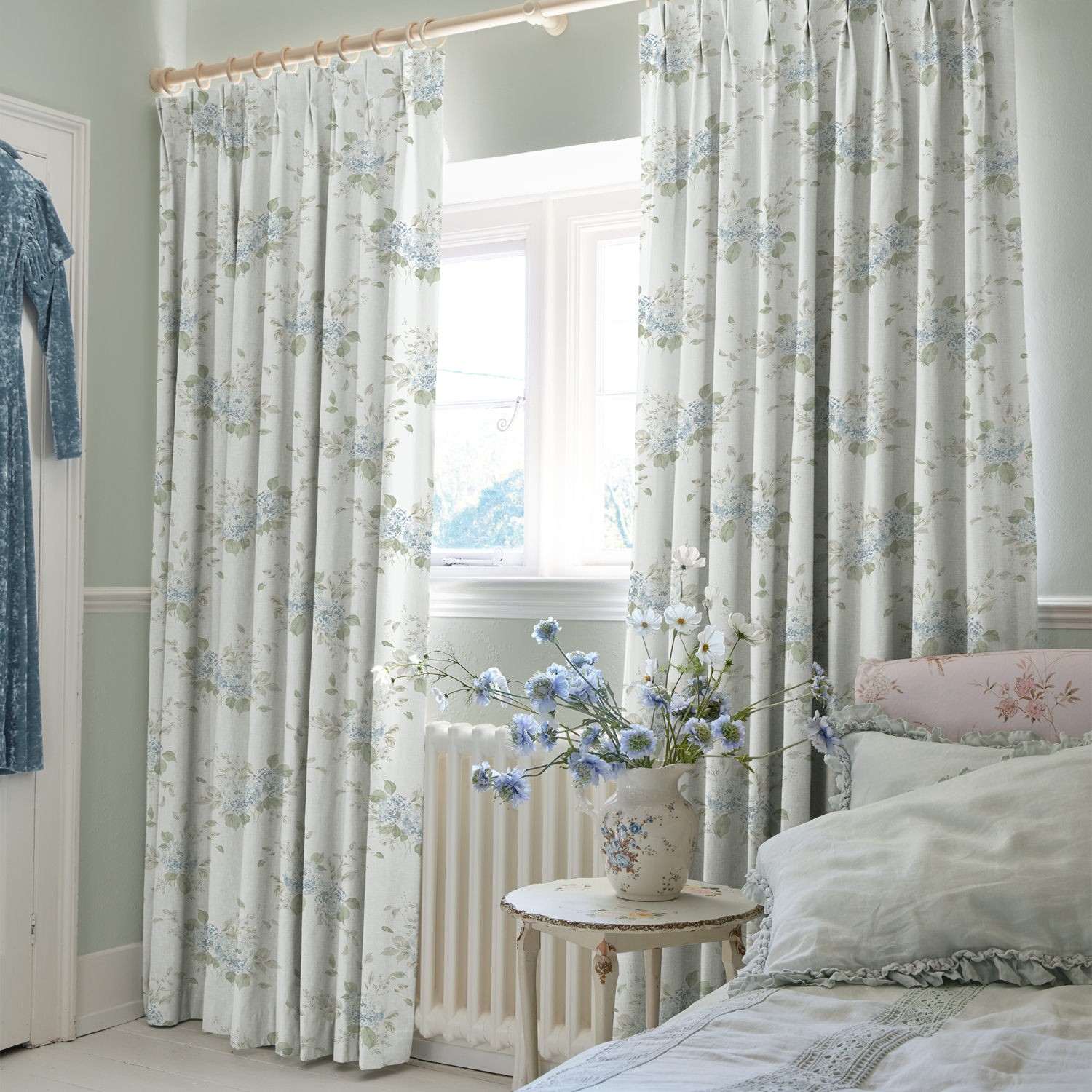 belle hydrangea duck egg floral curtains