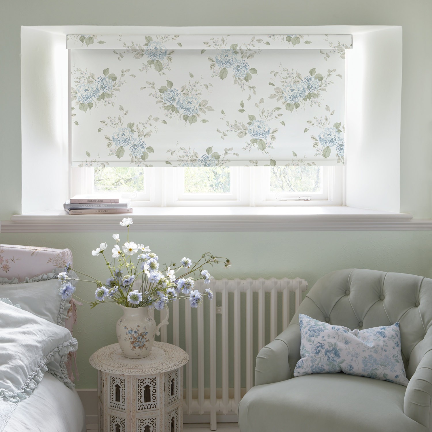 belle hydrangea duck egg soft touch blackout roller blind