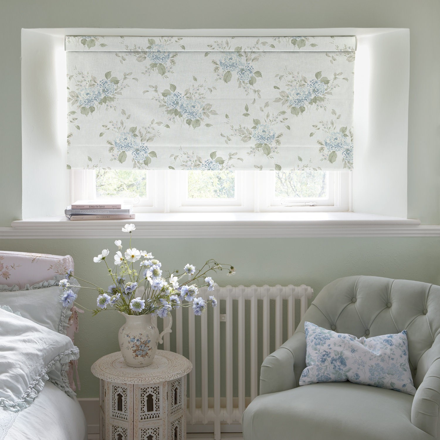 belle hydrangea duck egg floral roman blind