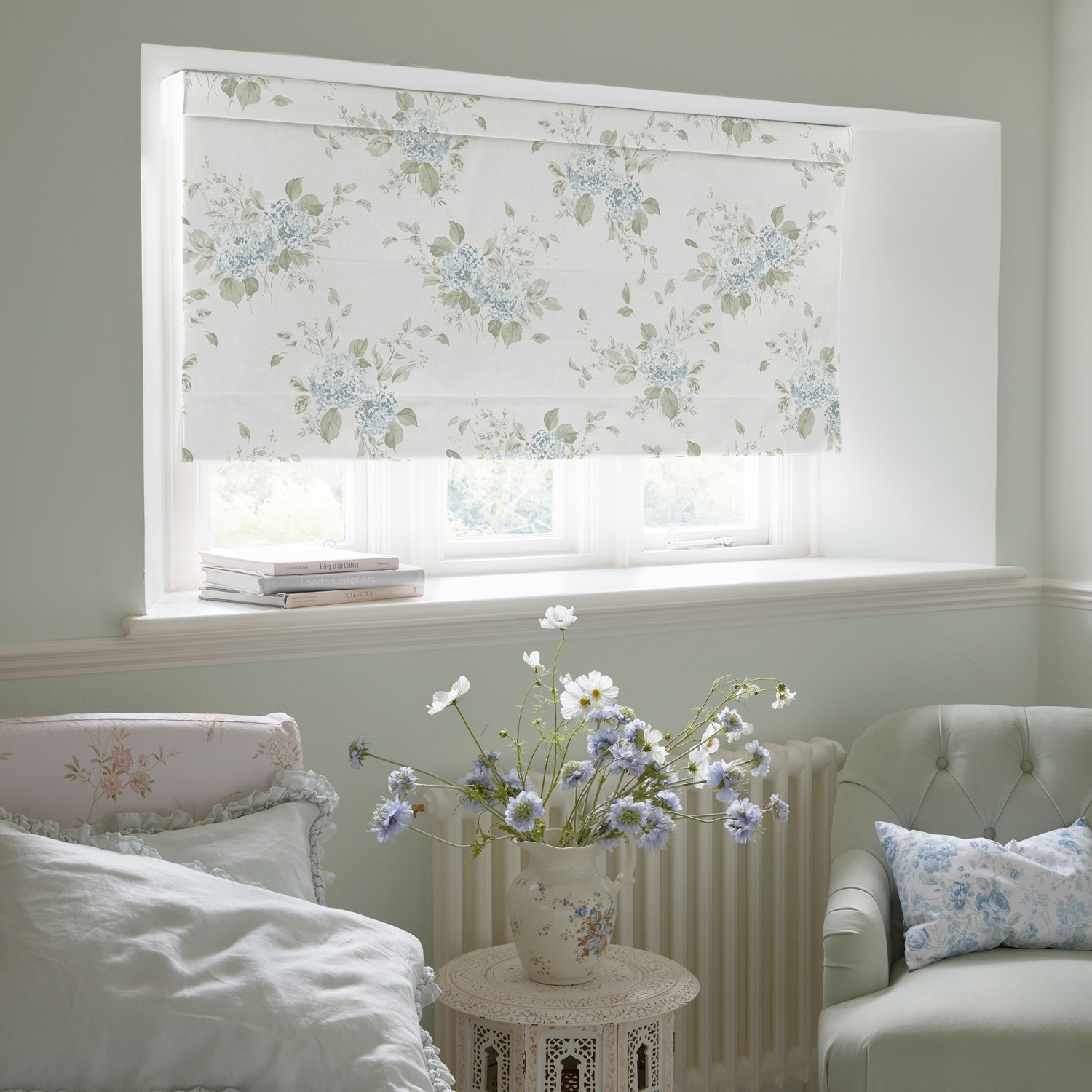 belle hydrangea duck egg floral roman blind