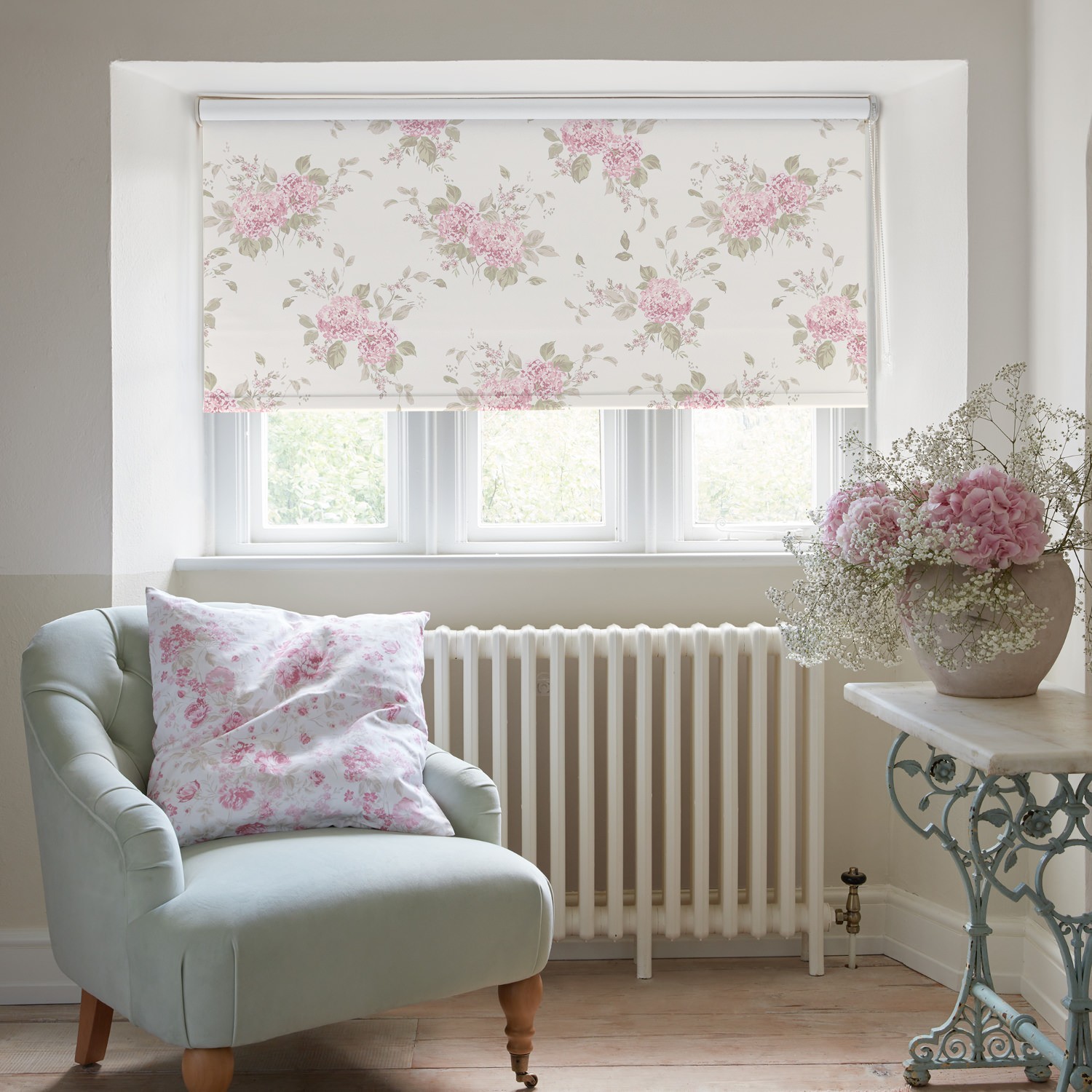 belle hydrangea powder pink soft touch blackout roller blind