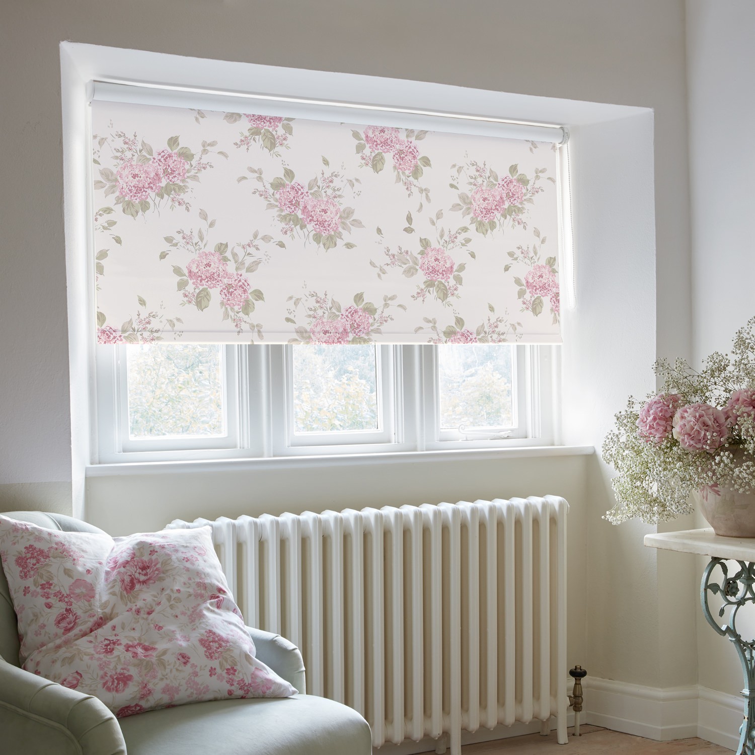 belle hydrangea powder pink soft touch blackout roller blind