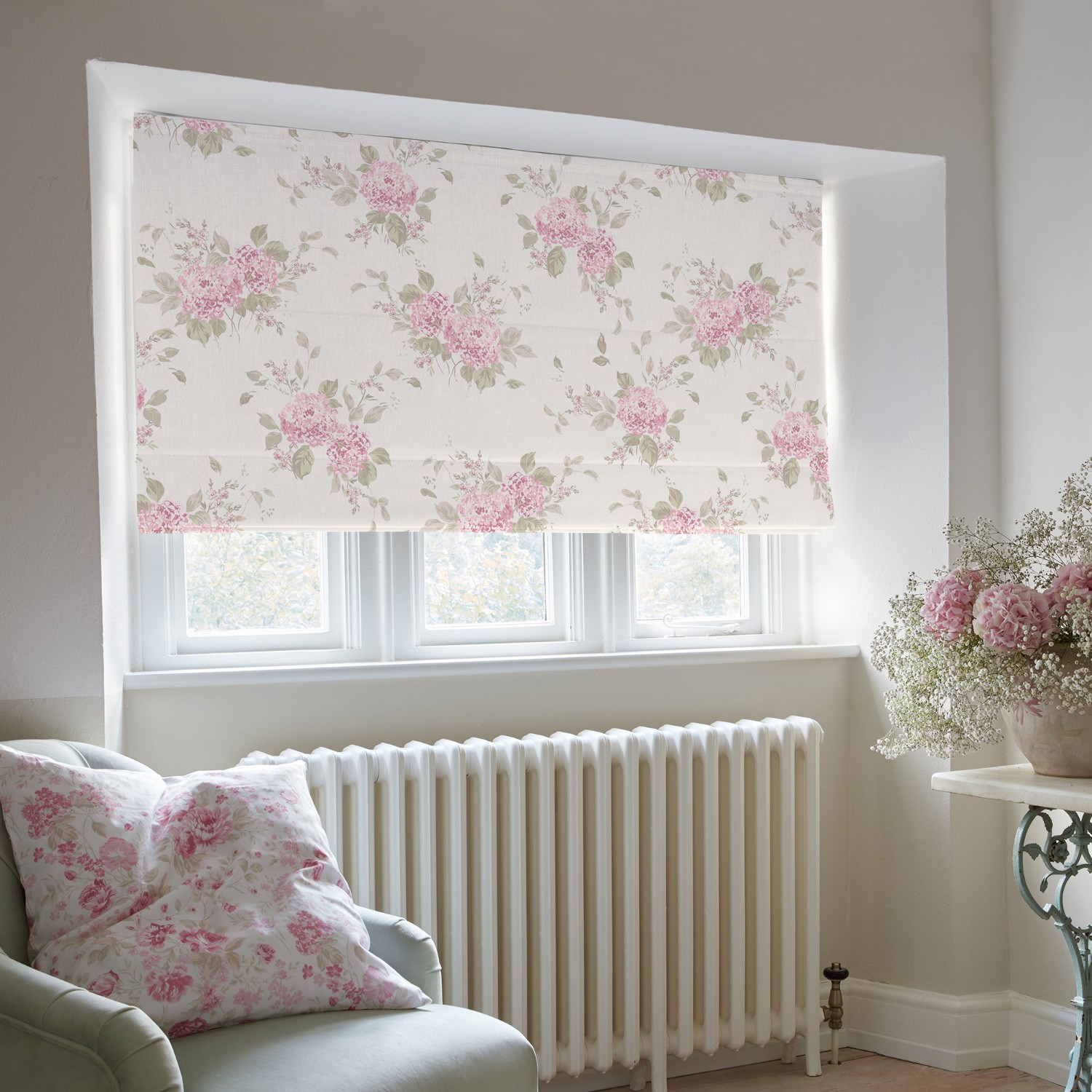 belle hydrangea powder pink floral roman blind