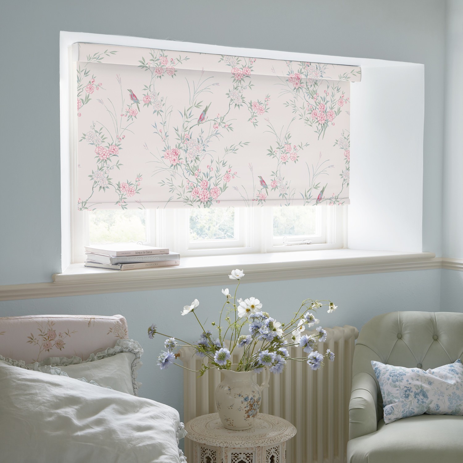 bird chinoiserie blossom soft touch blackout roller blind