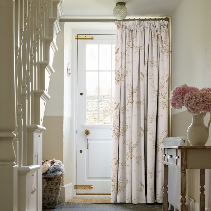 Bird Chinoiserie Pink Tan Floral Curtains