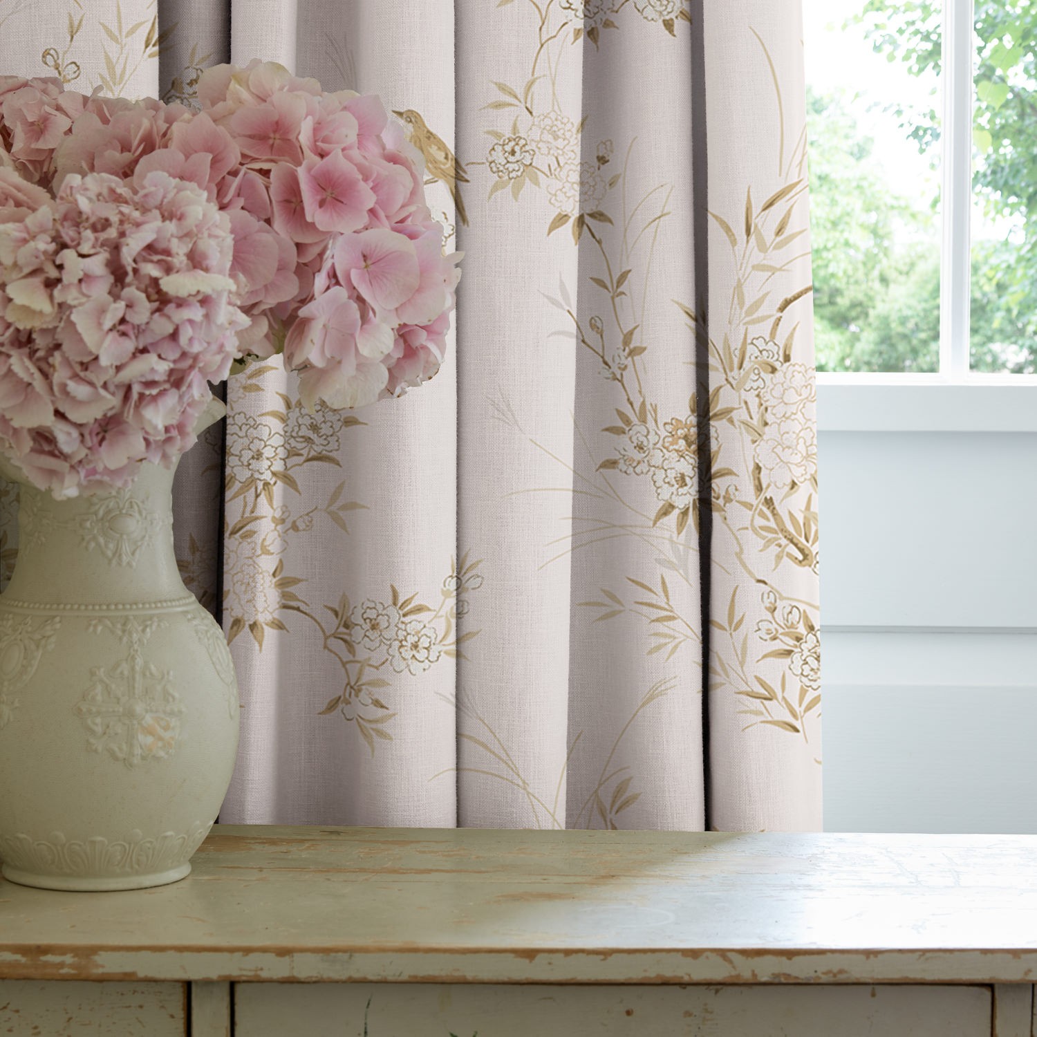 bird chinoiserie pink tan floral curtains
