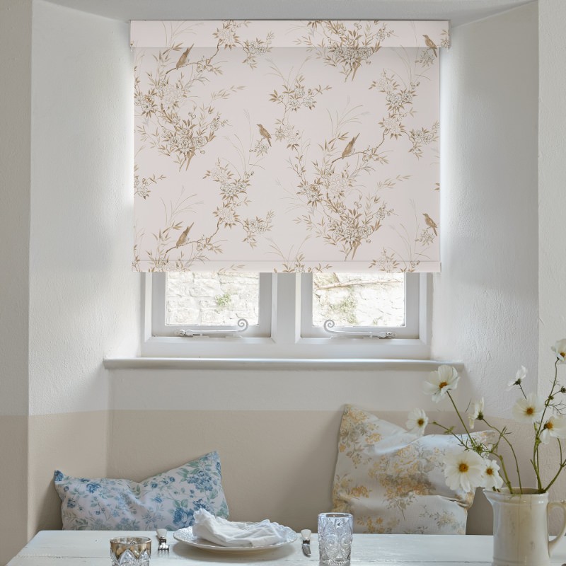 Bird Chinoiserie Pink Tan Soft Touch Blackout Roller Blind