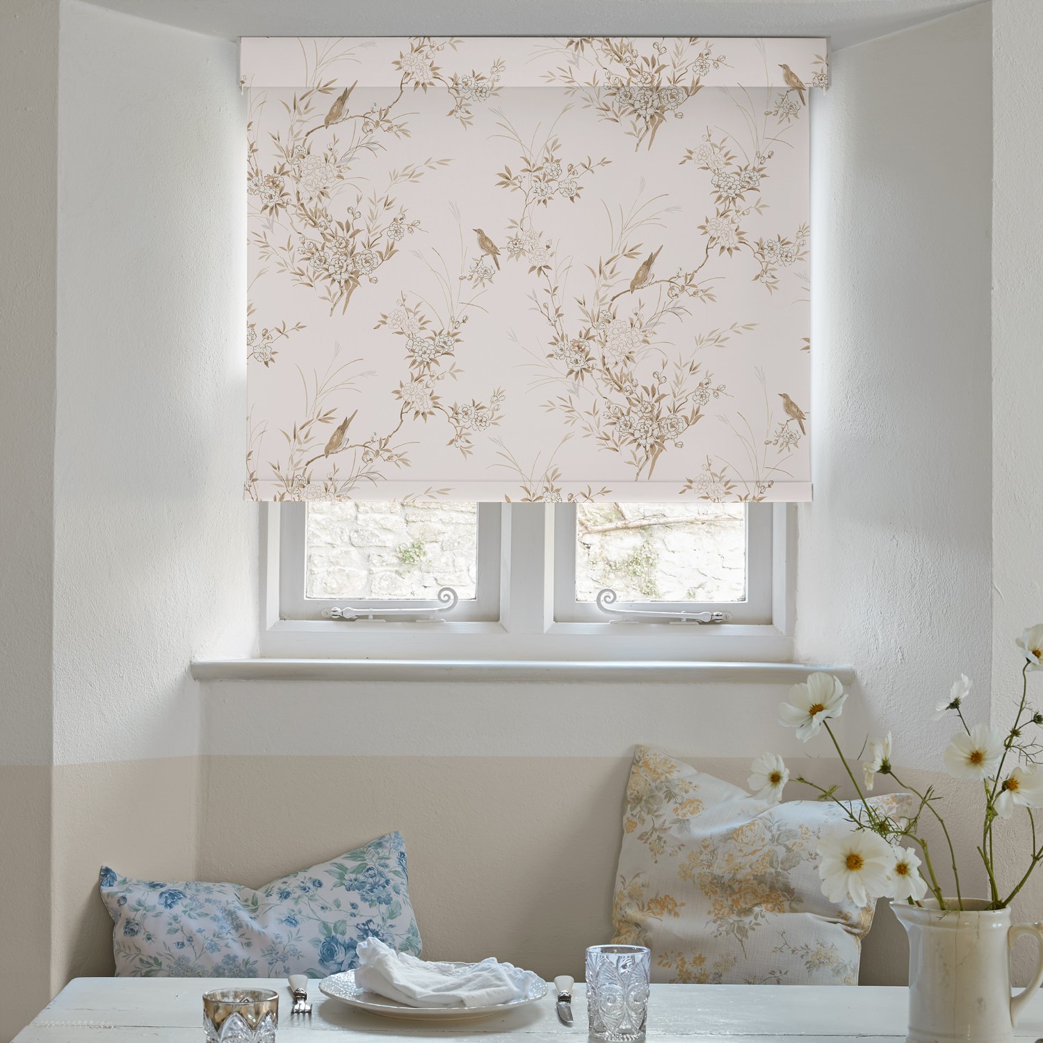 bird chinoiserie pink tan soft touch blackout roller blind