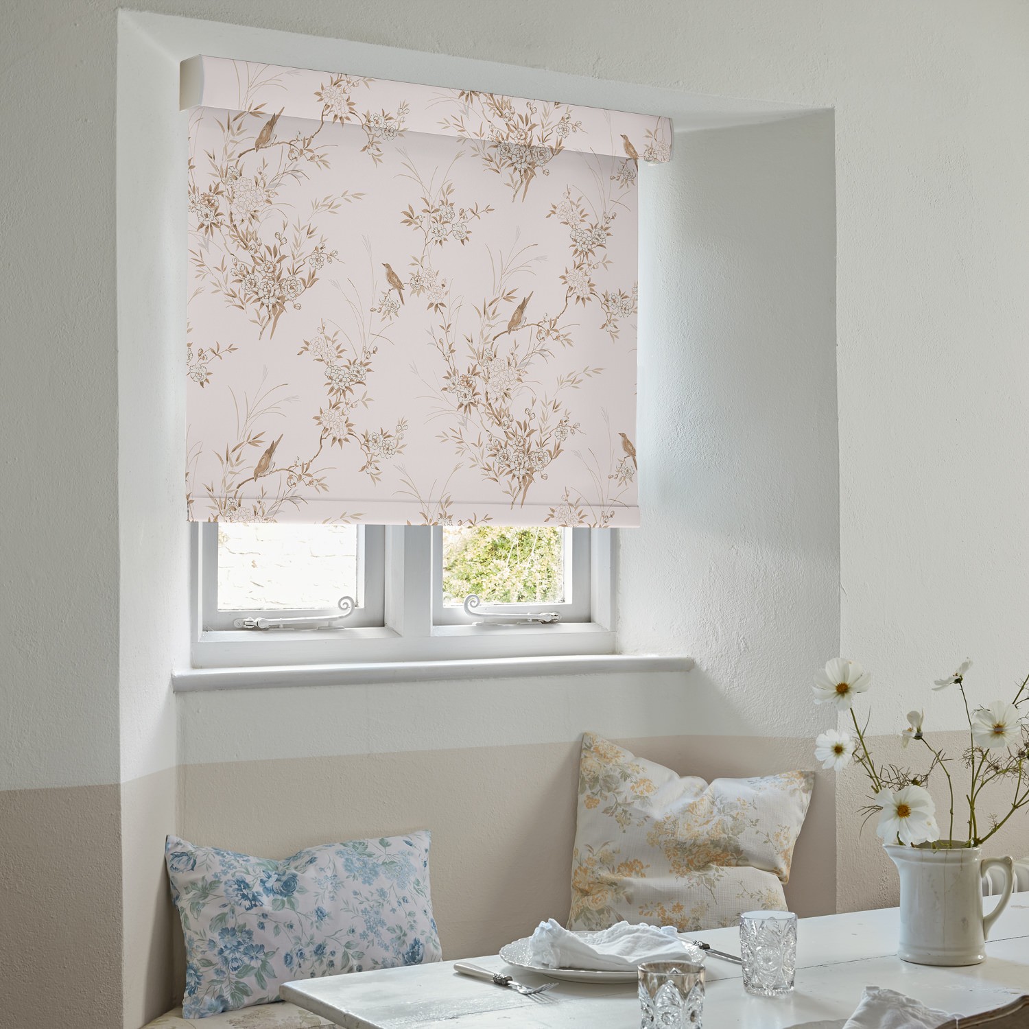bird chinoiserie pink tan soft touch blackout roller blind