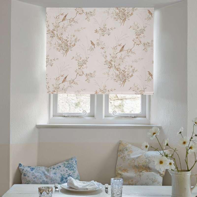 Bird Chinoiserie Pink Tan Floral Roman Blind