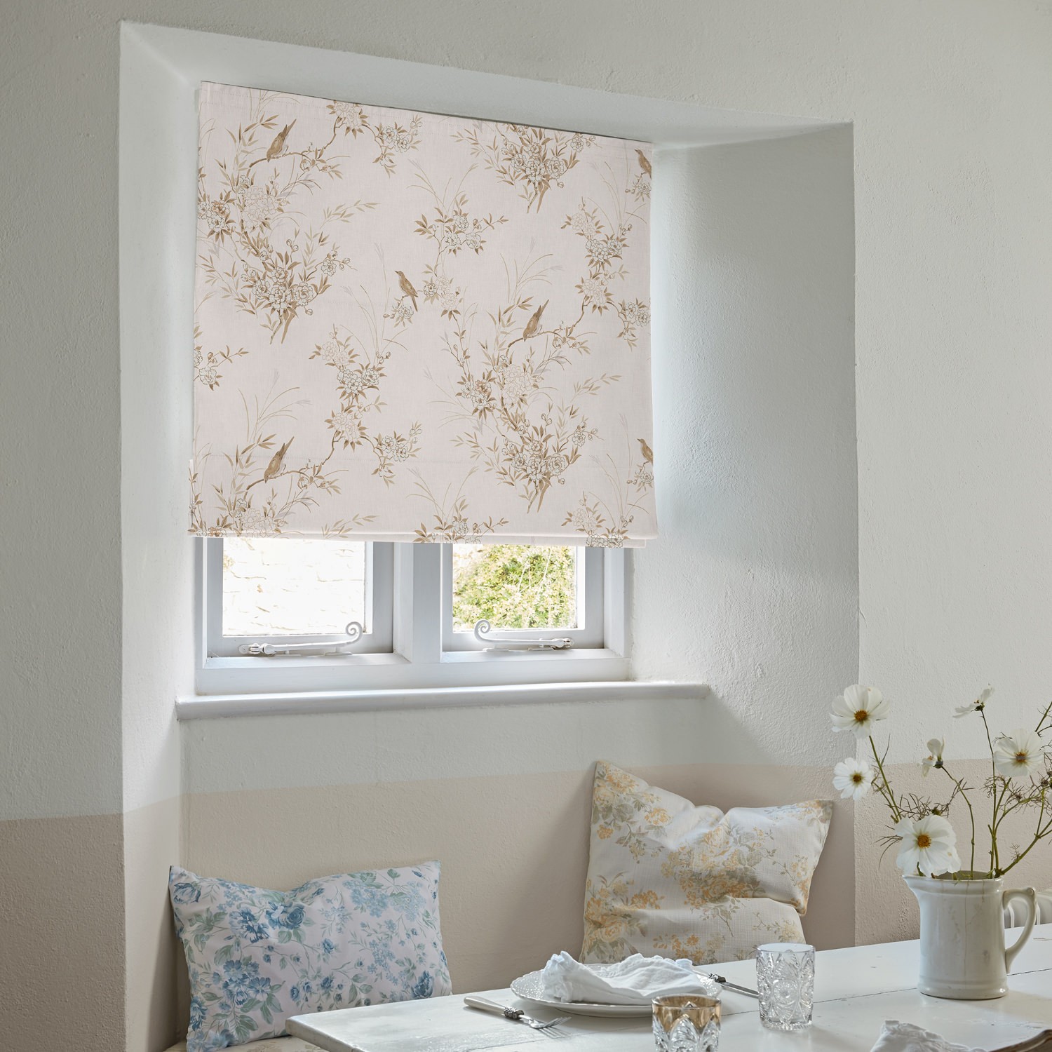 bird chinoiserie pink tan floral roman blind