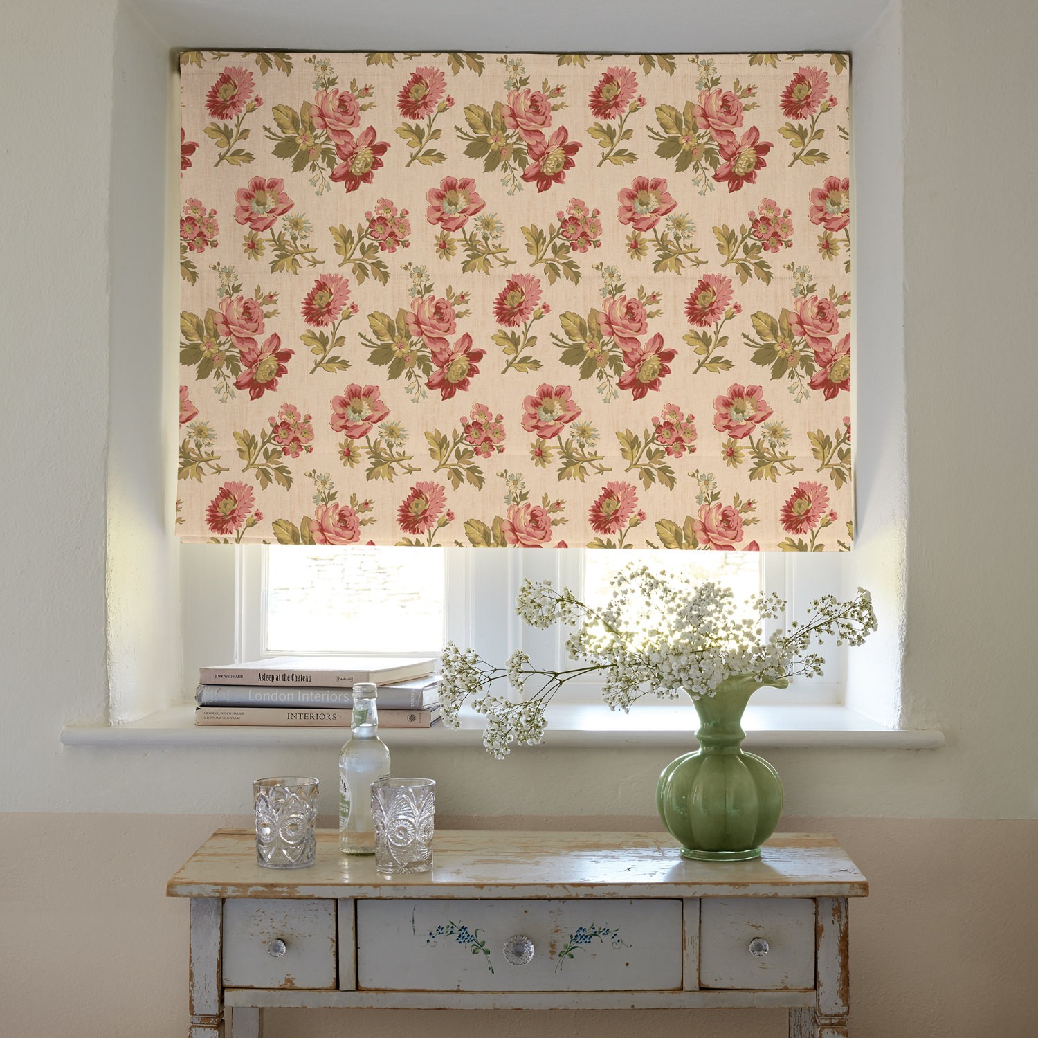 eloise vintage pink floral roman blind