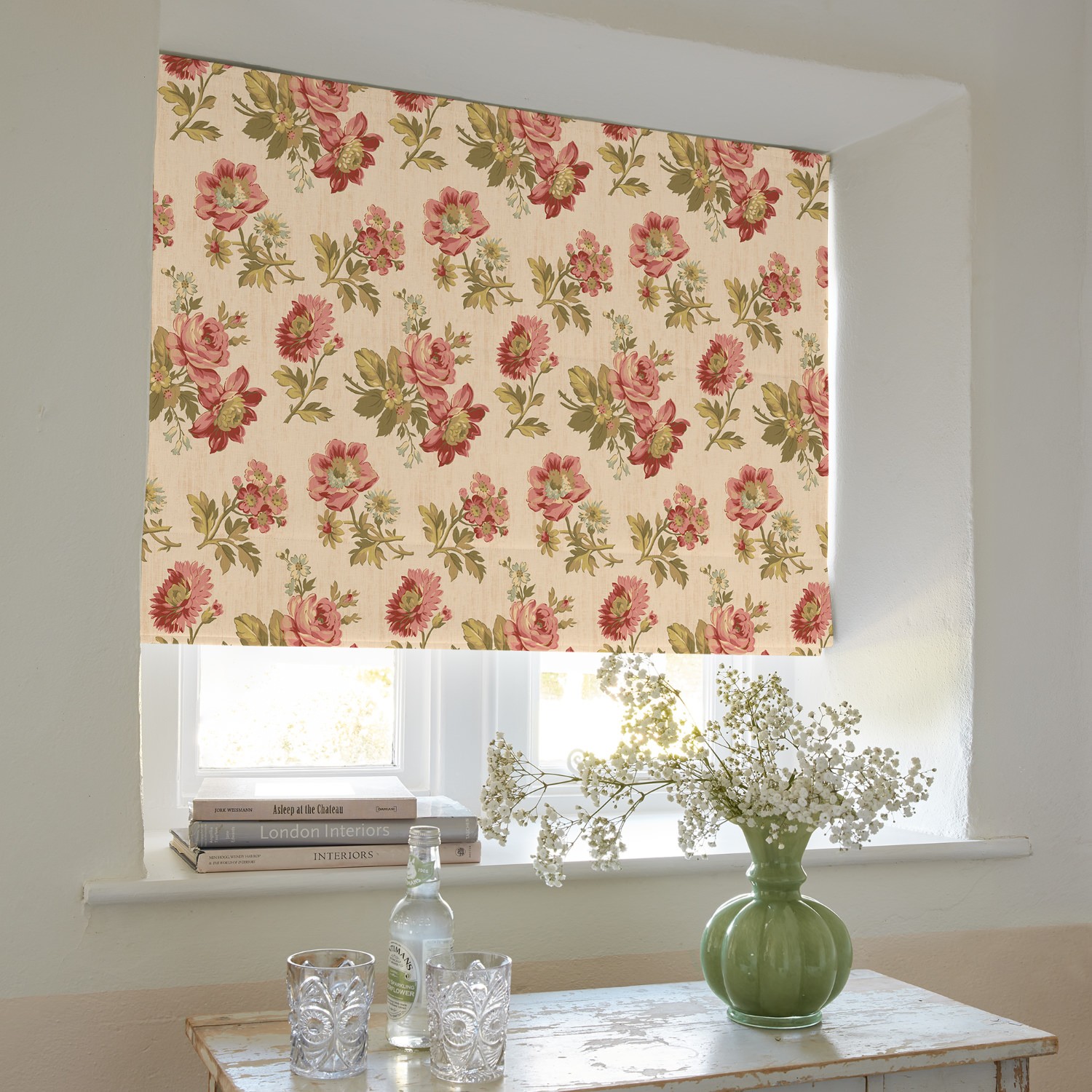 eloise vintage pink floral roman blind