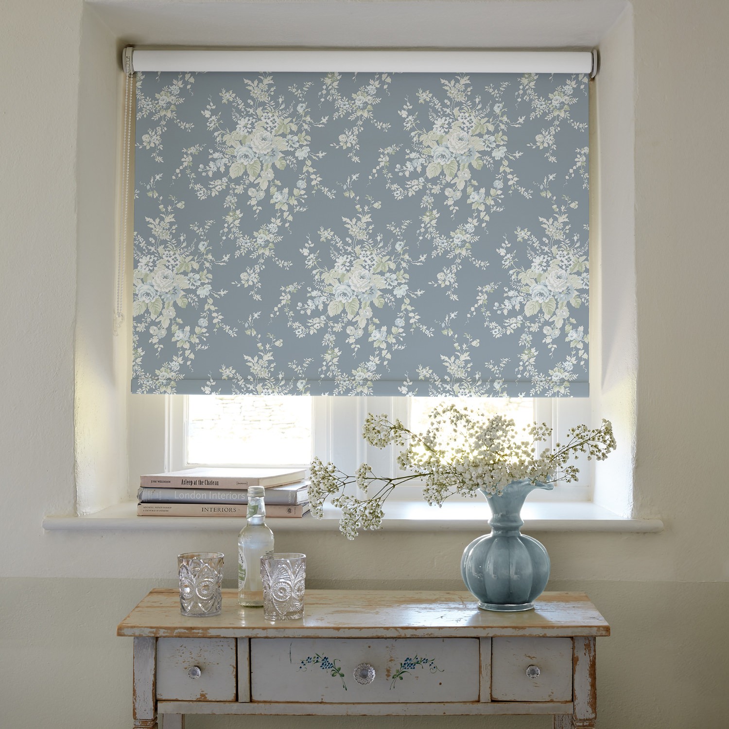 garden floral dusky blue soft touch blackout roller blind