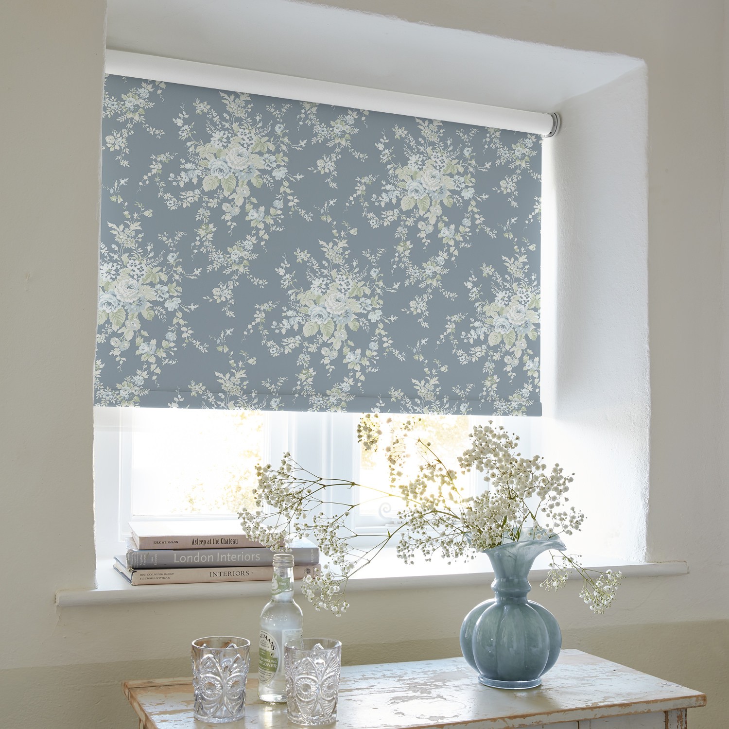 garden floral dusky blue soft touch blackout roller blind