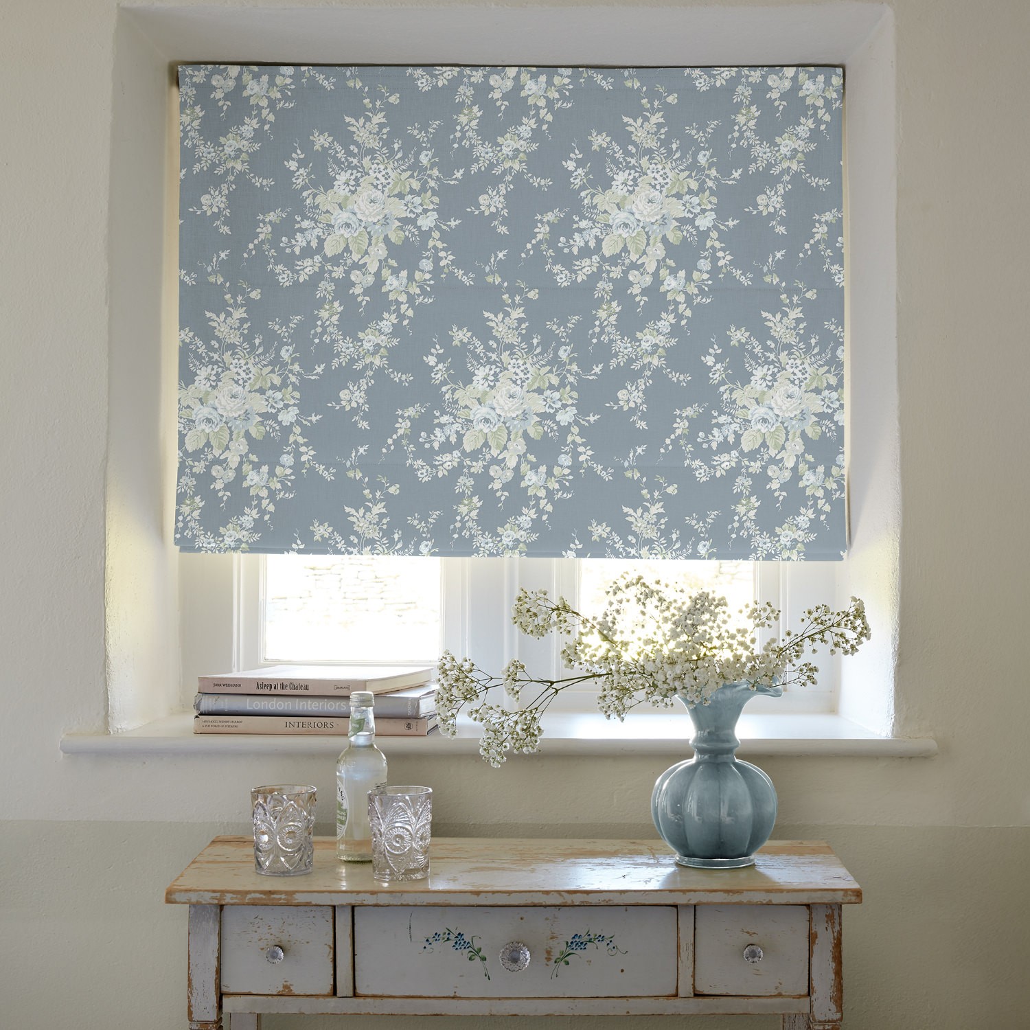 garden floral dusky blue floral roman blind