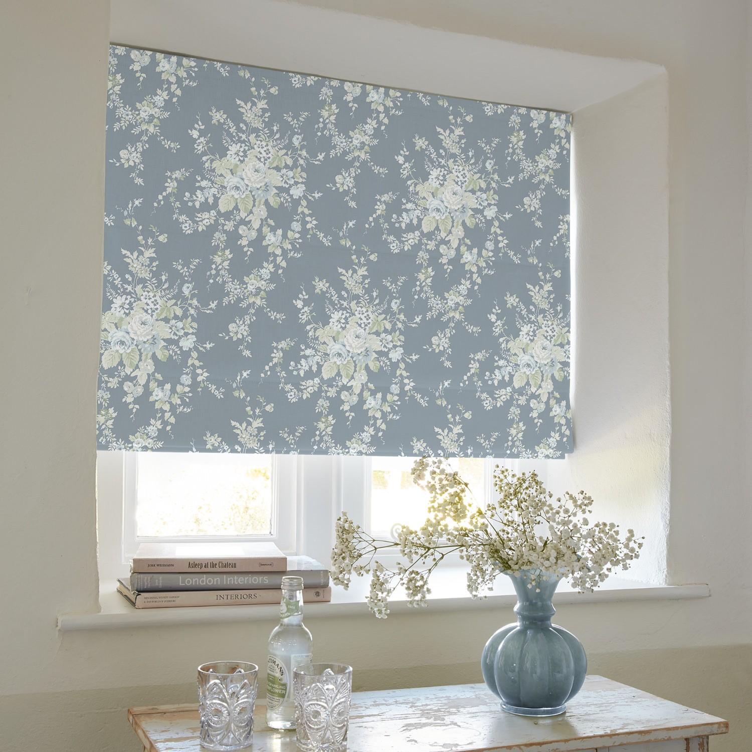 garden floral dusky blue floral roman blind