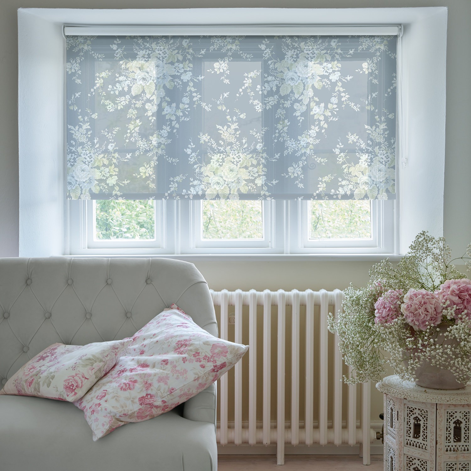 garden floral sheer dusky blue sheer roller blind