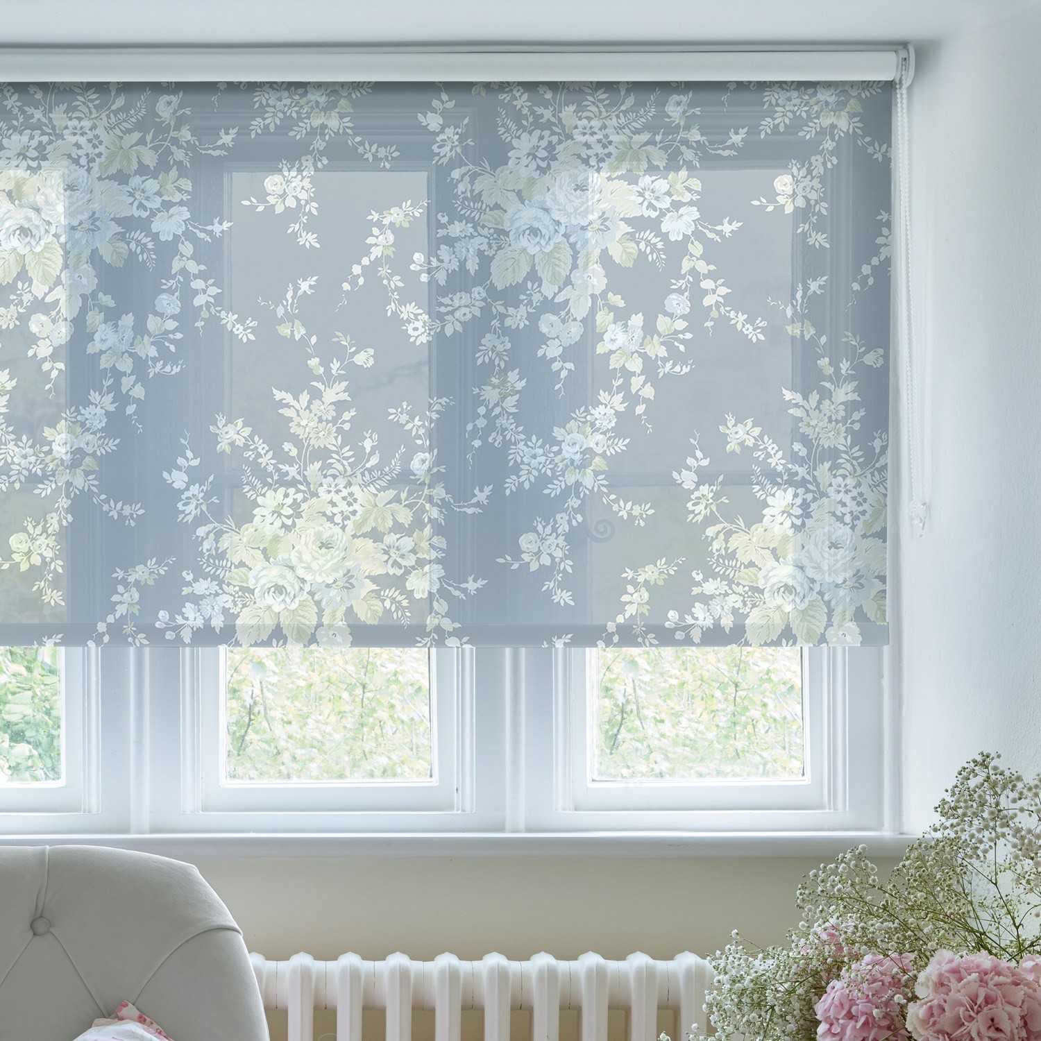 garden floral sheer dusky blue sheer roller blind