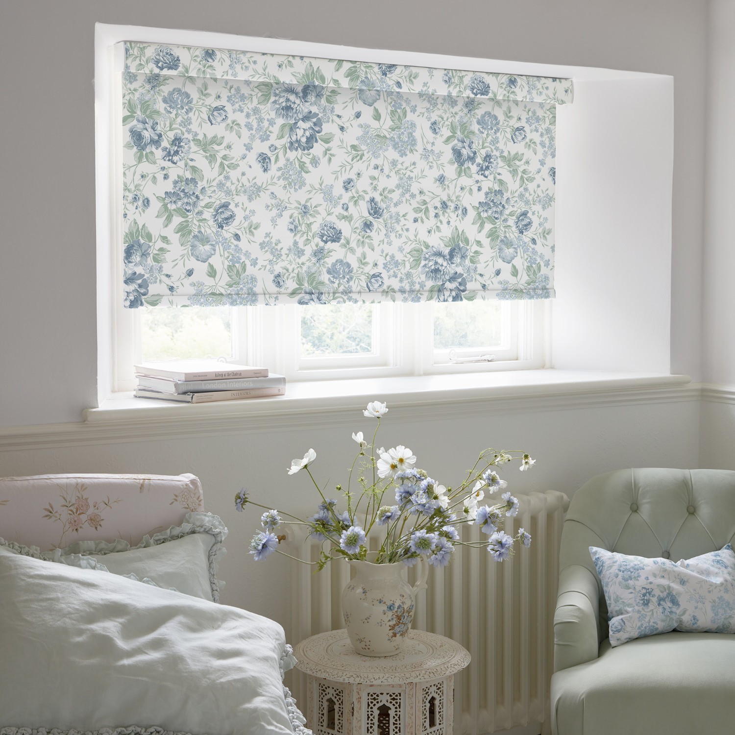 romantic rose blue soft touch blackout roller blind