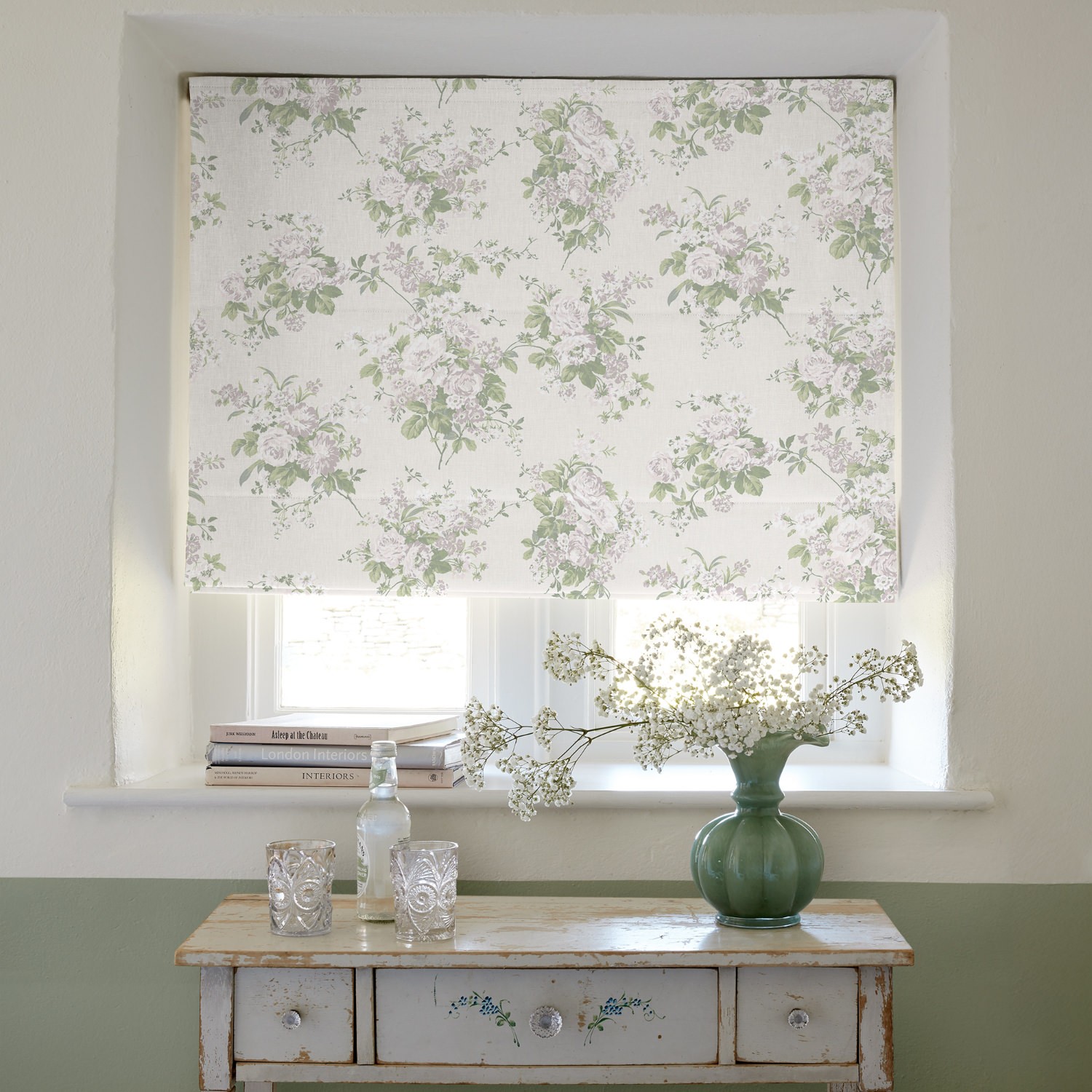 rose chintz natural floral roman blind