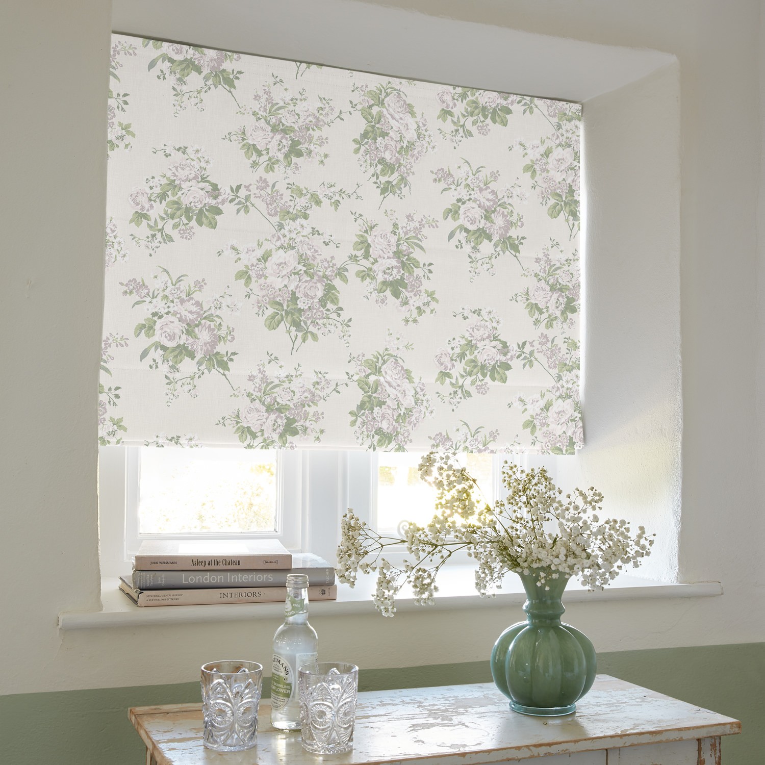 rose chintz natural floral roman blind